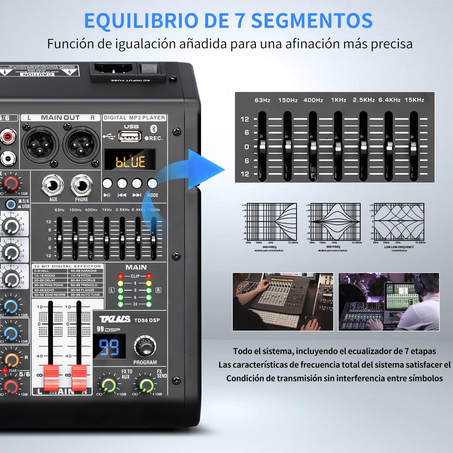 Mezclador de Audio Profesional TKLBLS Mezcla 6 Canales USB DSP Estéreo Phantom Power 48 V