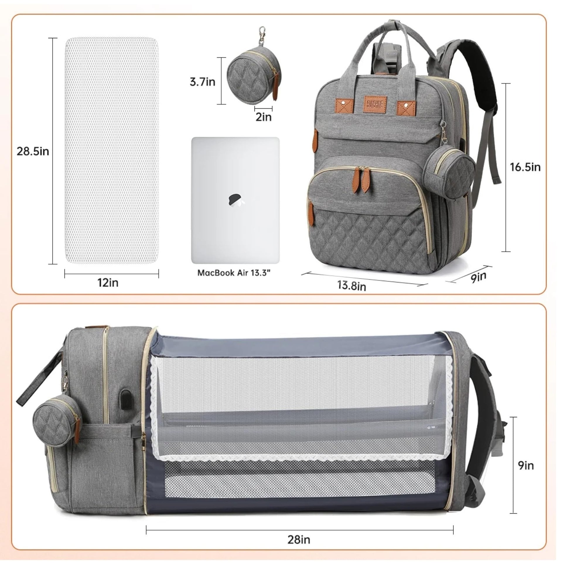 Koskids - Mochila para pañales Bolsa grande para pañales de viaje. Bolsa de pañales impermeable multifuncional con cambiador, puerto USB, correas de carriola y estuche para chupete, Gris, Large,