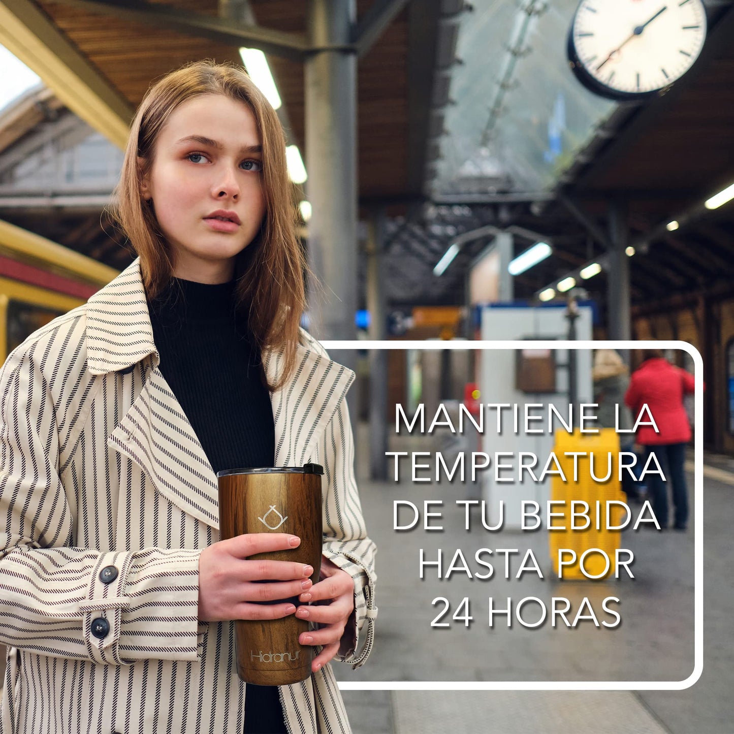 Hidranur Termo de Acero Inoxidable Doble Aislamiento Térmico, Termo 20 oz (591.471 ml), Termo para Café, Tapa Hermética Antifugas, Popote Incluido (Madera, 20 Oz (591.471 ml))