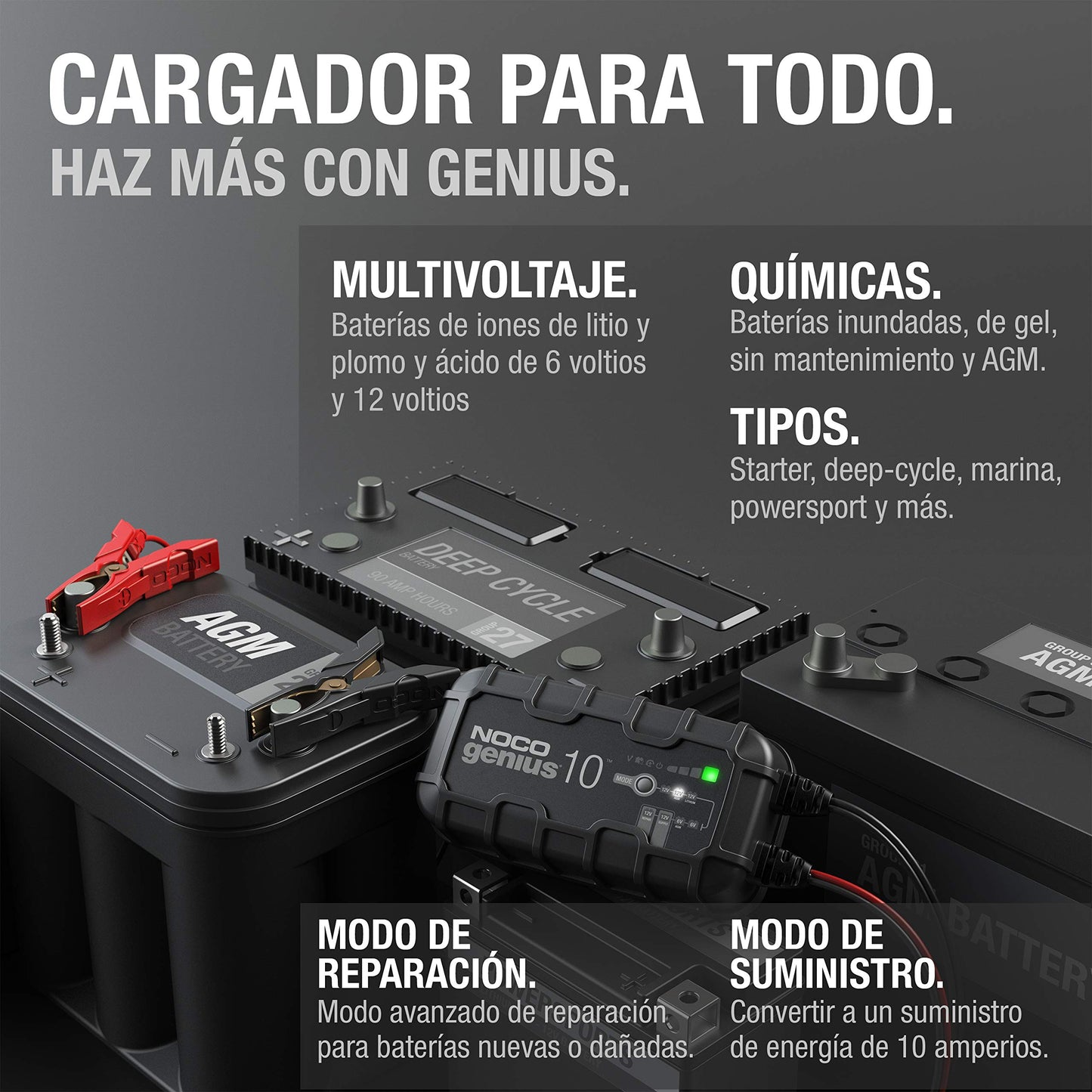 NOCO GENIUS10: Cargador de batería Inteligente 6V/12V 10A – Mantenedor automático, Cargador Lento y desulfatador con protección contra sobrecarga y compensación térmica – para baterías Plomo y Litio