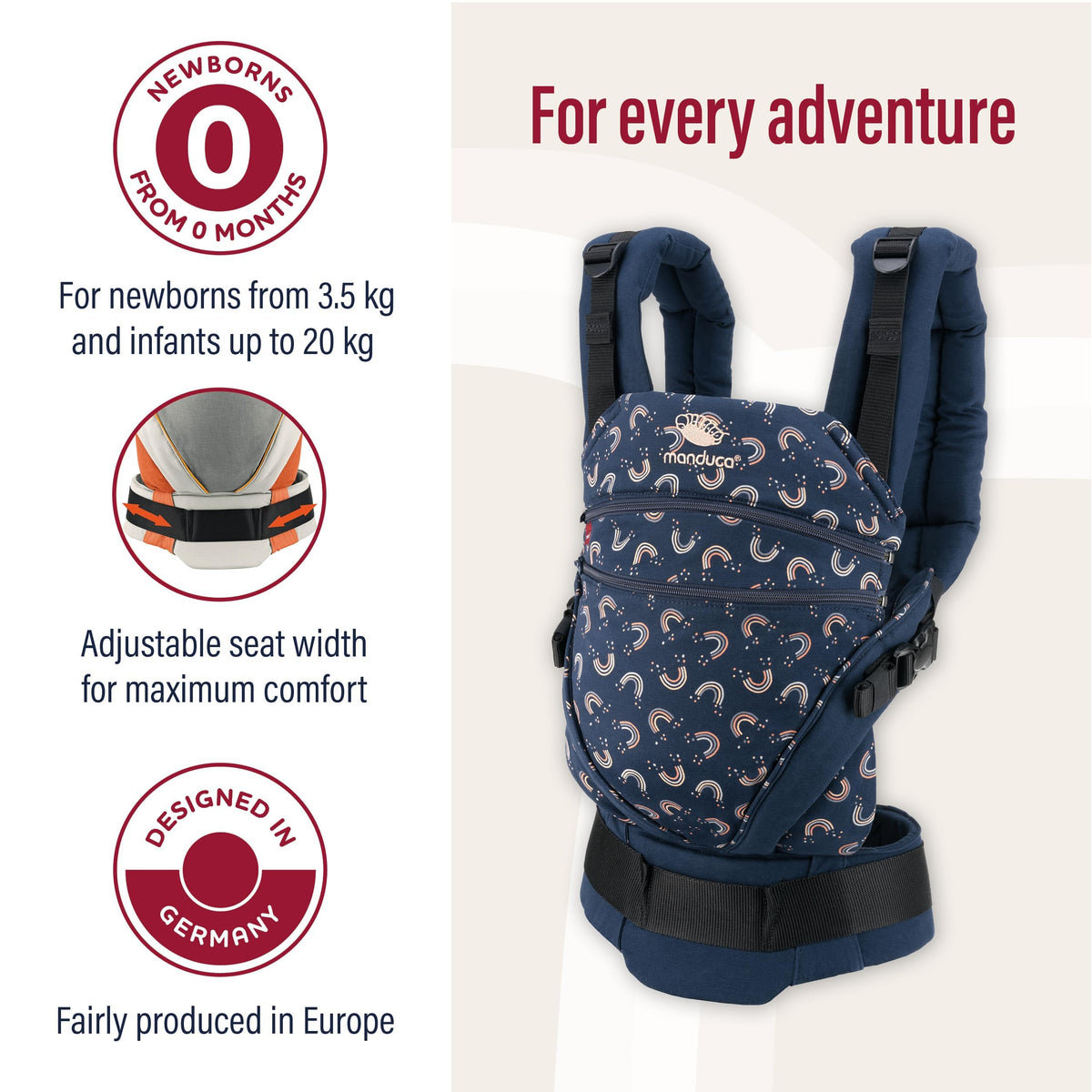 Manduca XT Rainbow Night Portabebé Ergonómico de Algodón Orgánico, Mochila Cangurera Multiposición (Frente, Cadera, Espalda), Ajustable para Recién Nacidos y Niños (3.5 a 20 kg), sin Insertos, XT LE
