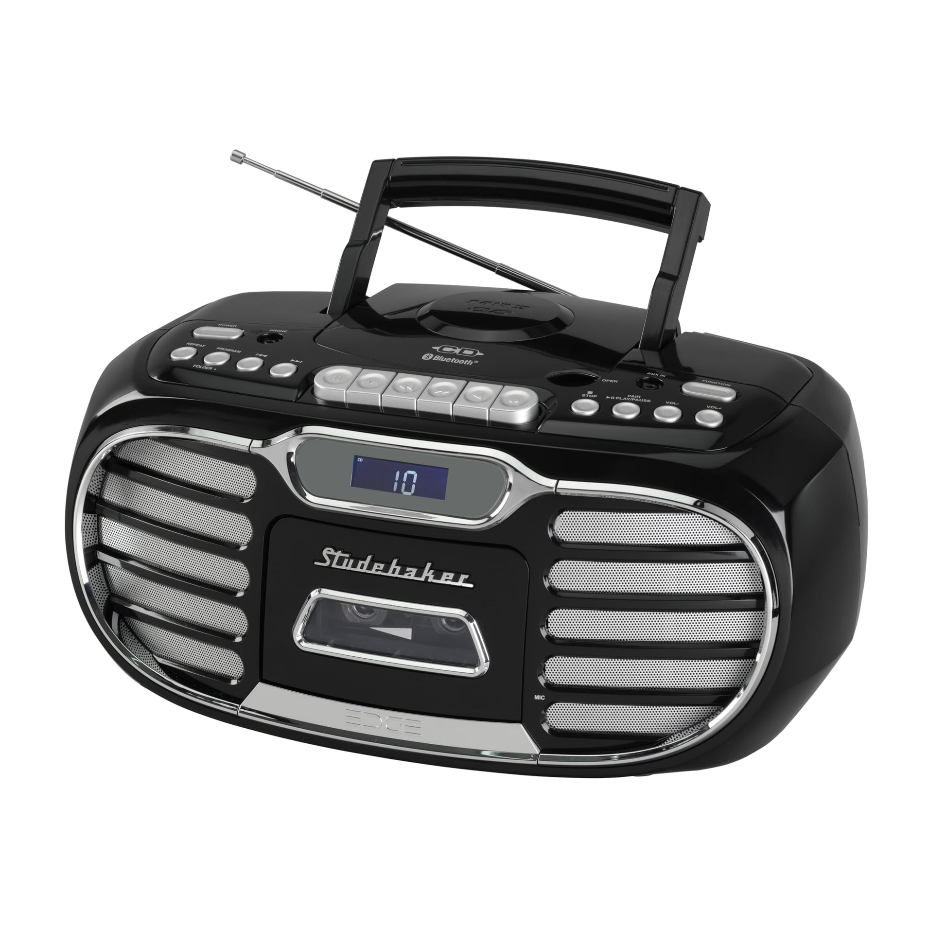Boombox Bluetooth Retro Edge Negro con Reproductor de CD/Cassette y Radio Estéreo AM-FM