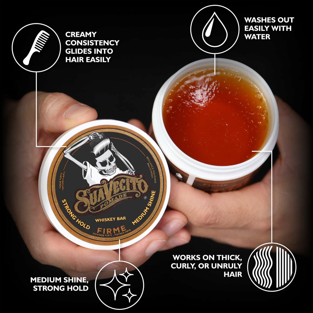 Suavecito Pomade Firme Cera Para Cabello de Fijacion Media Brillo Medio Todo Tipo de Cabello Aroma Whiskey Bar 113g