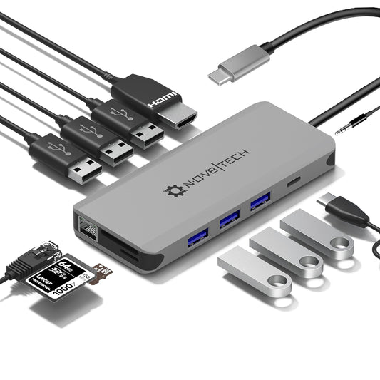 Adaptador Multiport USB C 12 en 1 NOV8Tech Gris Espacial con 4K HDMI y Power Delivery 100W para M1 MacBook Pro Air y Portátiles USB C