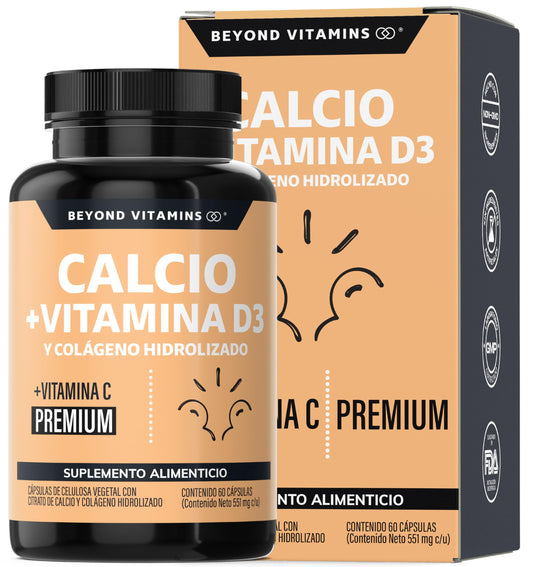 Beyond Vitamins | Calcio 1000 + Vitamina D3 | Potenciado con Colágeno Hidrolizado y Vitamina C | Caltrato 1000mg con Cápsula Vegana para todas las dietas (60 cápsulas)