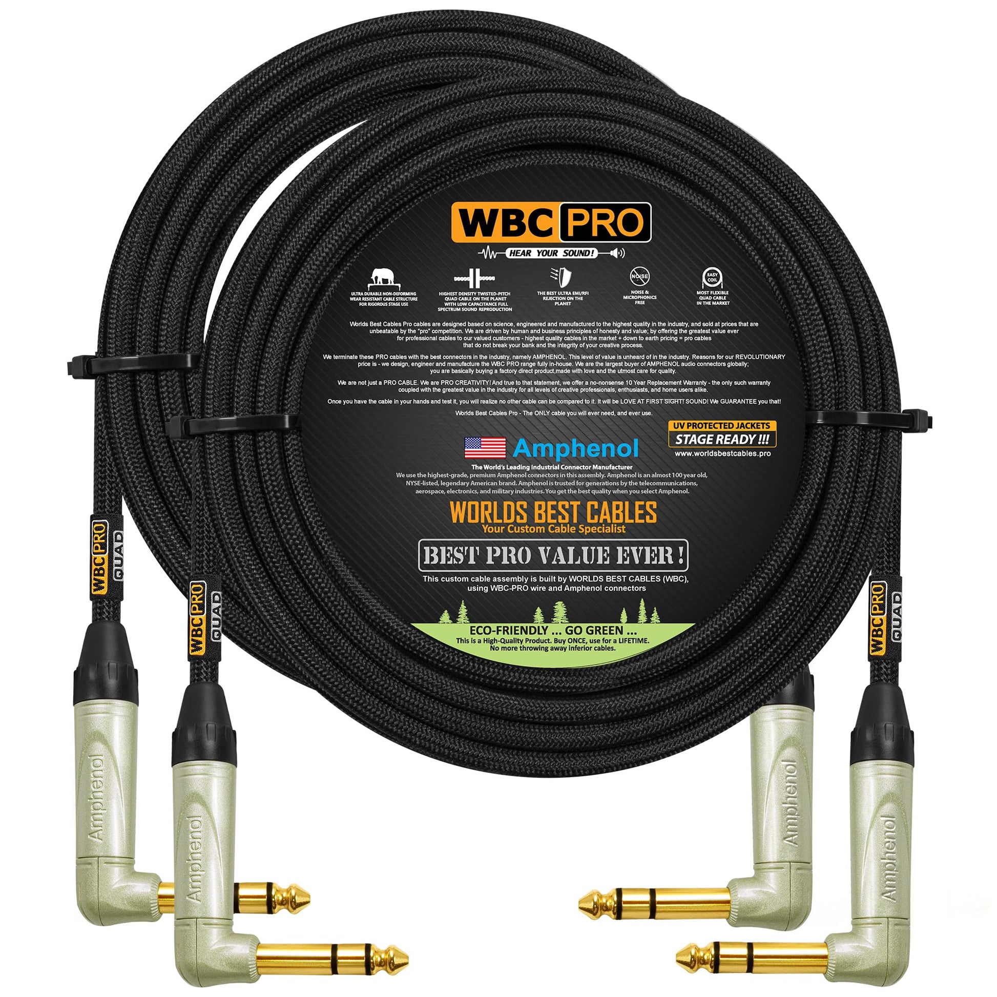 Cable de Audio WBC Ultra Silencioso Negro con Conectores Amphenol y Chaqueta Tweed 50 Pies