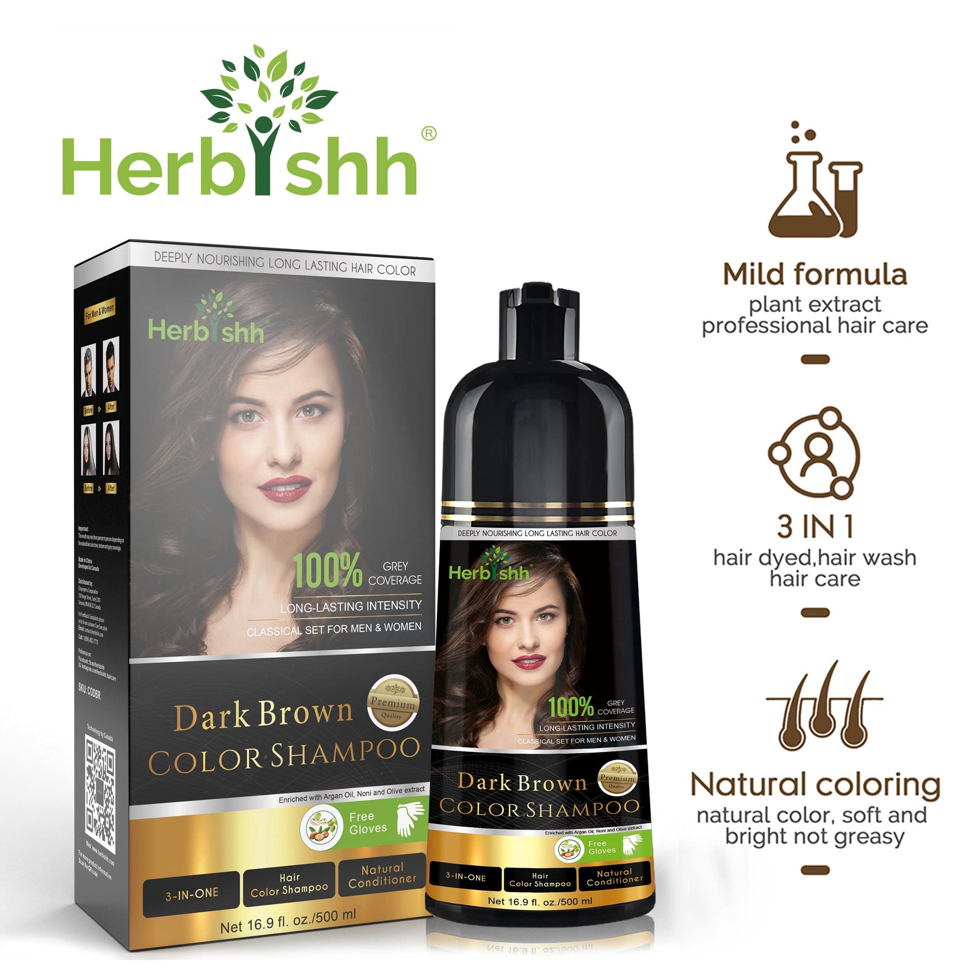 Herbishh - Champú colorante para cabello gris, champú con tinte natural para el cabello, colorea el cabello en minutos, dura hasta de 3 a 4 semanas, 500 ml, tinte de cabello 3 en 1, sin amoniaco | (marrón oscuro)