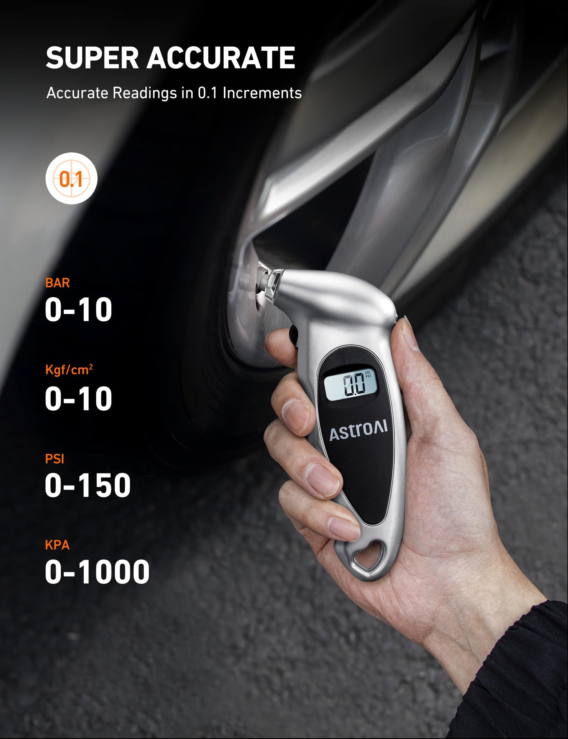 AstroAI - Medidor de presión digital de neumáticos con batería AAA reemplazable, 150 PSI, 4 ajustes de relleno para coche, camión, bicicleta, retroiluminada, LCD, antideslizante, accesorios de coche,