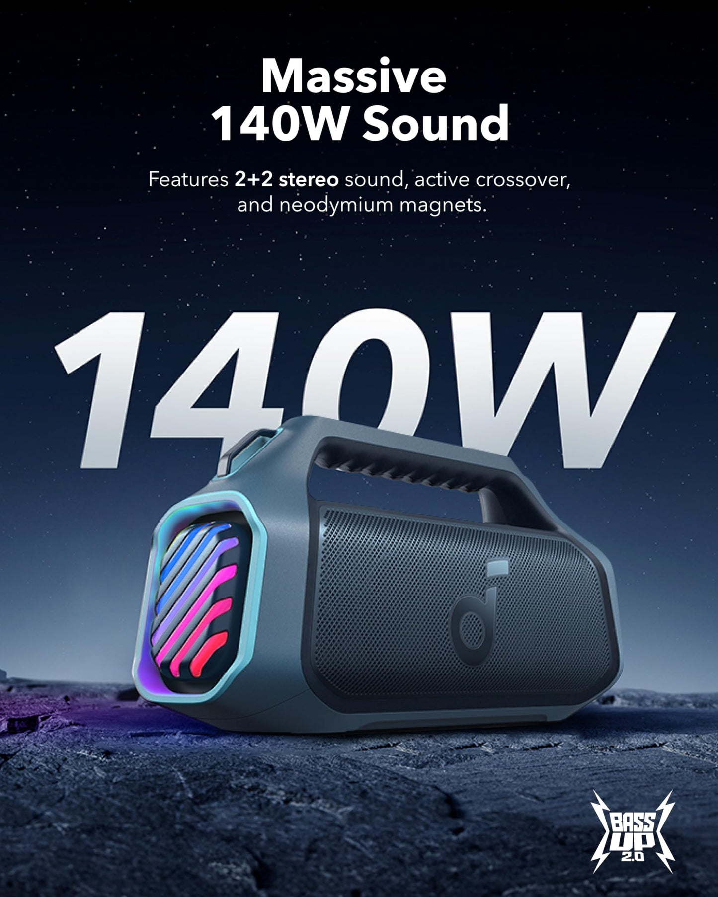 Soundcore by Anker Boom 2 Plus Bocina Bluetooth Portatil, 20h de Reproducción, Potencia 140W con BassUp, Sincroniza +100 Altavoces, IPX7 Flotante, Altavoz Inalámbrico, Party Box