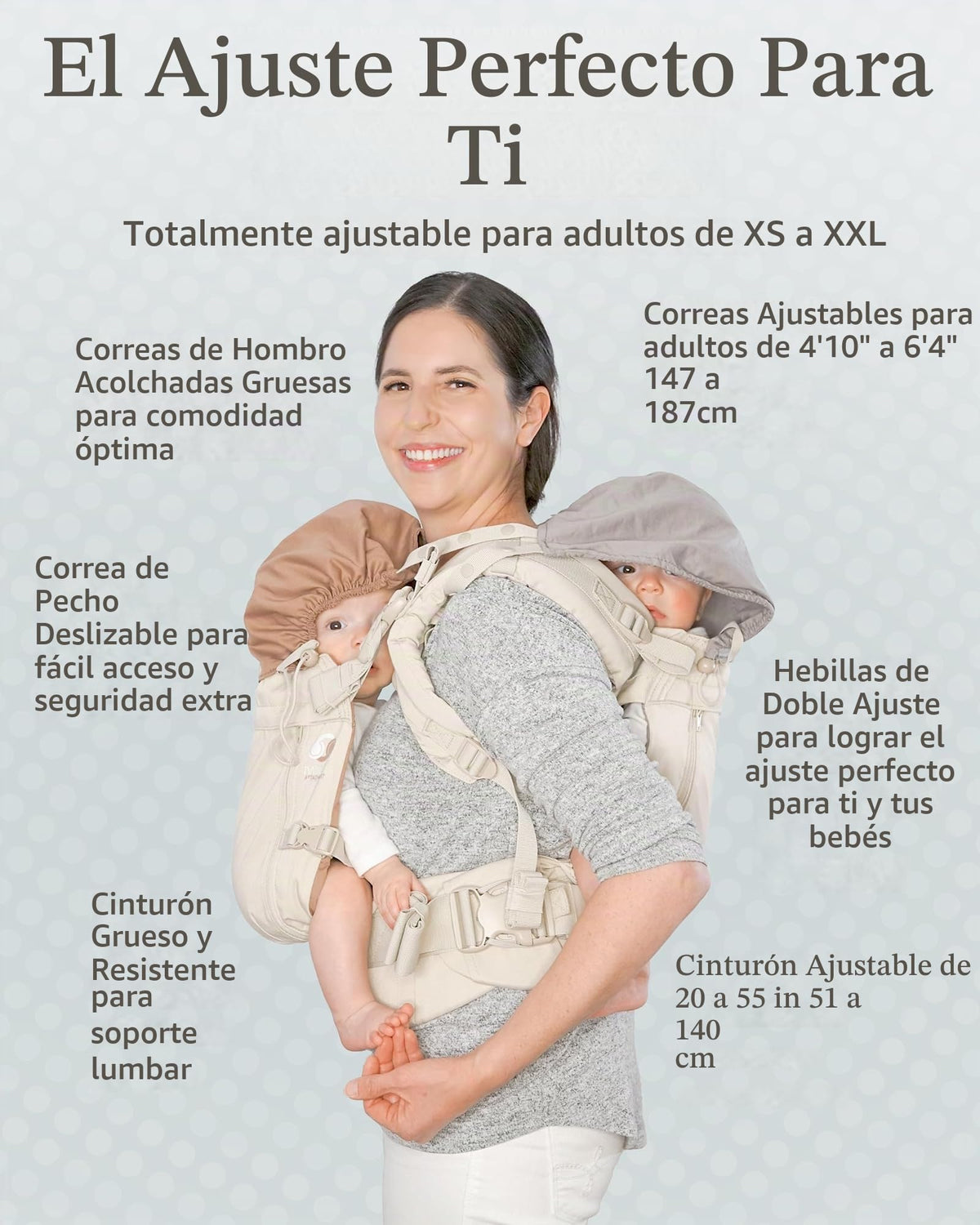 TwinGo Carrier - Modelo Air - Neutro, ideal para todas las estaciones, malla transpirable, totalmente ajustable en tándem o 2 portabebés individuales para hombres, mujer XS-XXL - Gemelos y bebés de 10