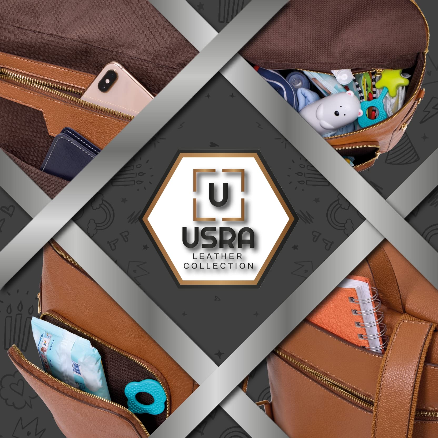 USRA - Bolsa de pañales de piel auténtica, mochila para mamás, organizador de bolsa de maternidad funcional de calidad duradera, Marrón, Large, Piel auténtica