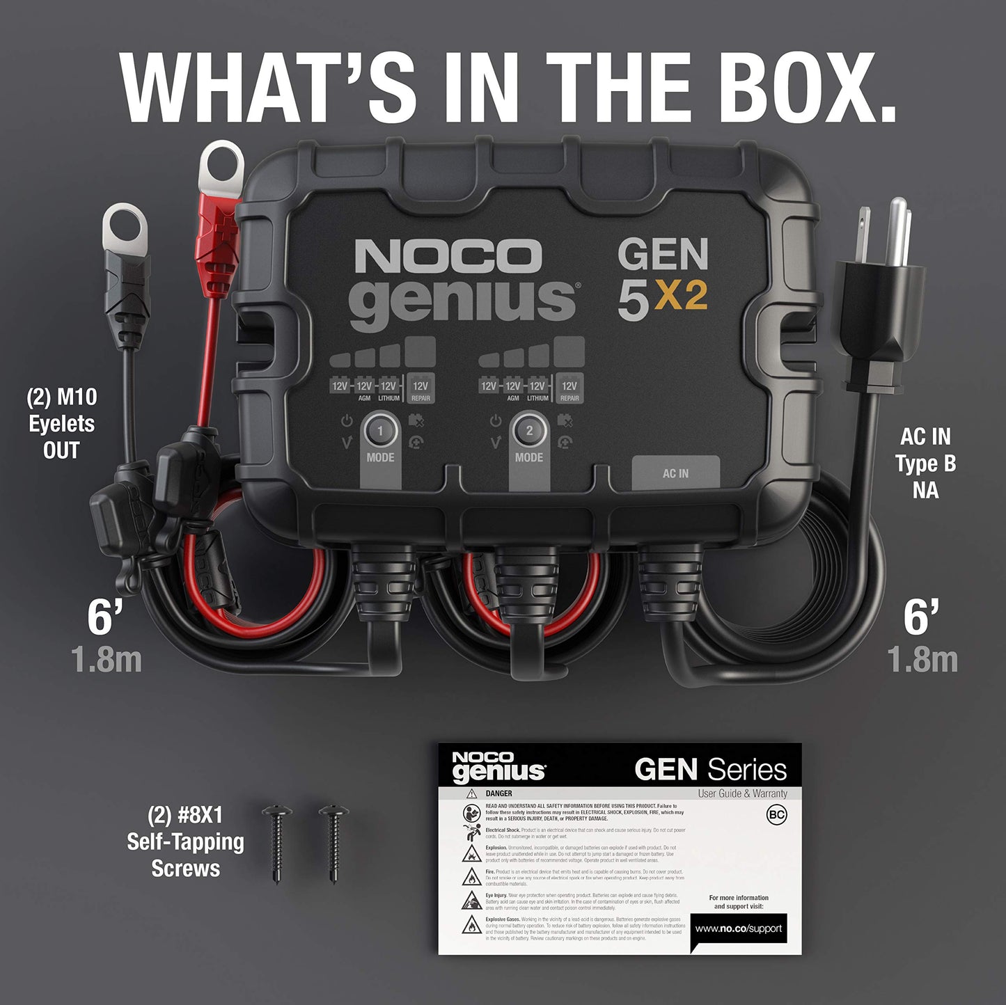 NOCO Genius GEN5X2, cargador de batería inteligente marino de 2 bancos, 10 A (5A/Banco), cargador de barco a bordo, impermeable de 12 V, mantenedor de batería y desulfador para baterías AGM, litio (LiFePO4) y ciclo profundo