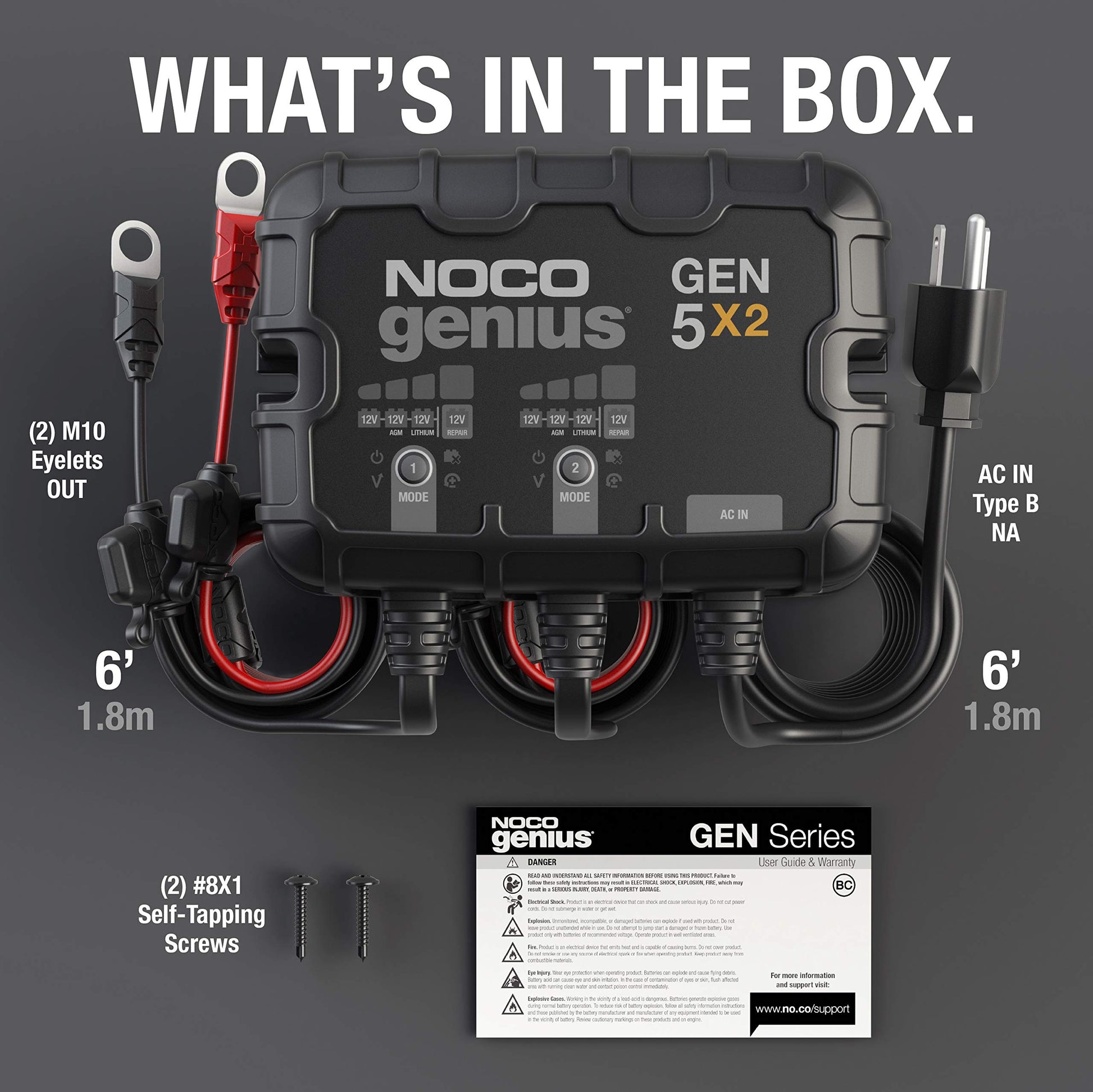 NOCO Genius GEN5X2, cargador de batería inteligente marino de 2 bancos, 10 A (5A/Banco), cargador de barco a bordo, impermeable de 12 V, mantenedor de batería y desulfador para baterías AGM, litio (LiFePO4) y ciclo profundo