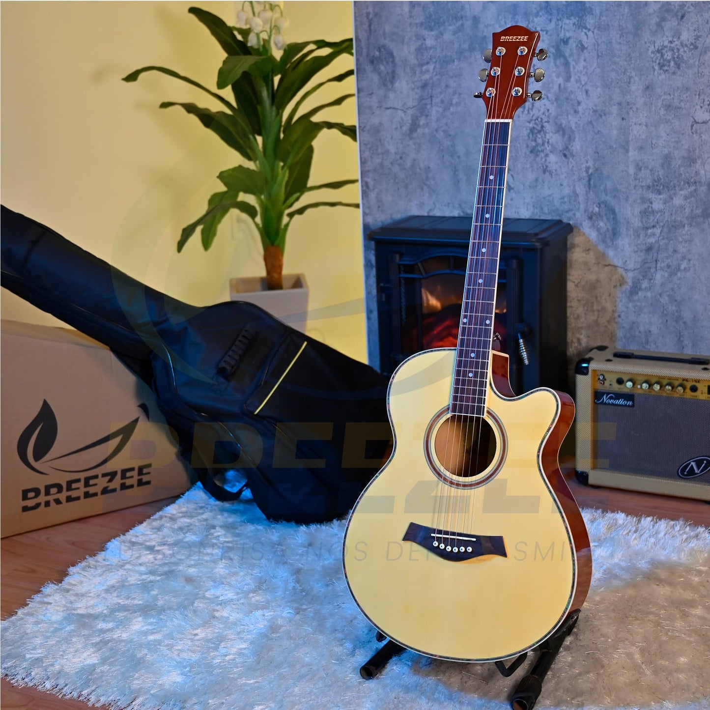 BREEZEE Guitarra Electroacústica de 40” Diseñada sobre Abeto, Merbau, Okume y Palisandro. Acabado de Barniz en Pulverización, Incluye Set de Accesorios Completo para Principiante