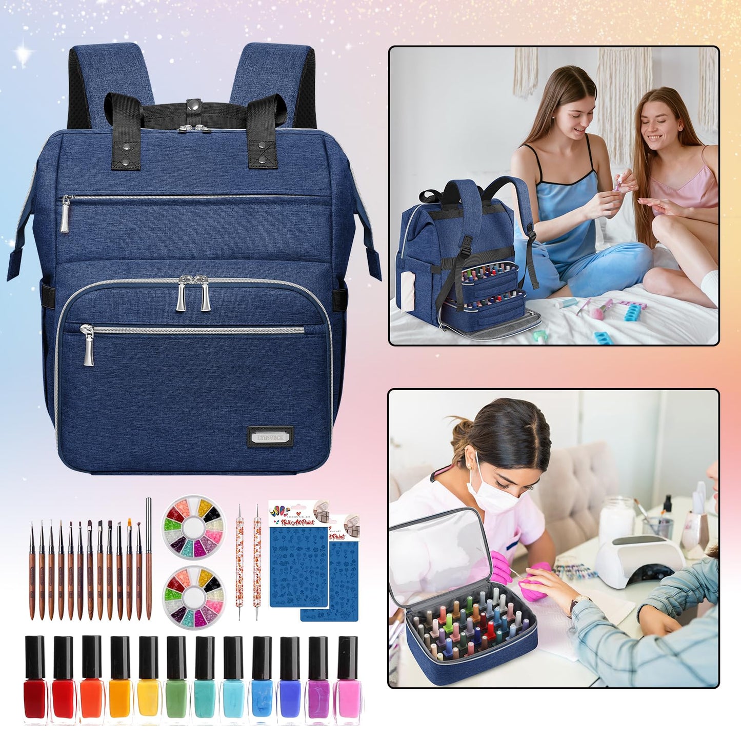 LTINVECK - Funda organizadora de esmalte de uñas con capacidad para 70 botellas (15 ml/0.5 fl.oz), Azul, 15 x 13.8 x 11 inches, Viajes