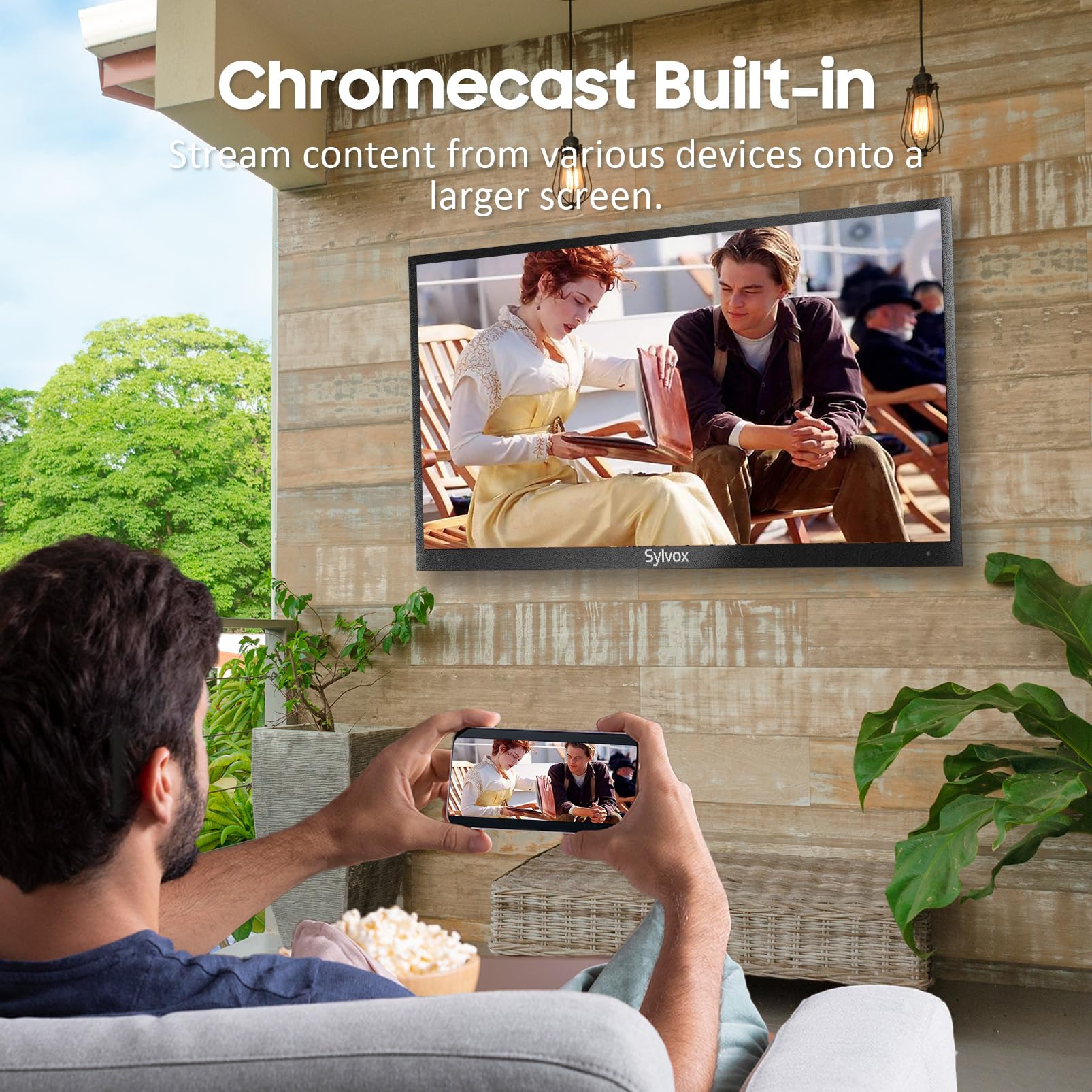 TV para Exteriores SYLVOX 55 Pulgadas IP55 Impermeable Sol Parcial 1000 Nits Google Smart TV Chromecast Asistente de Google