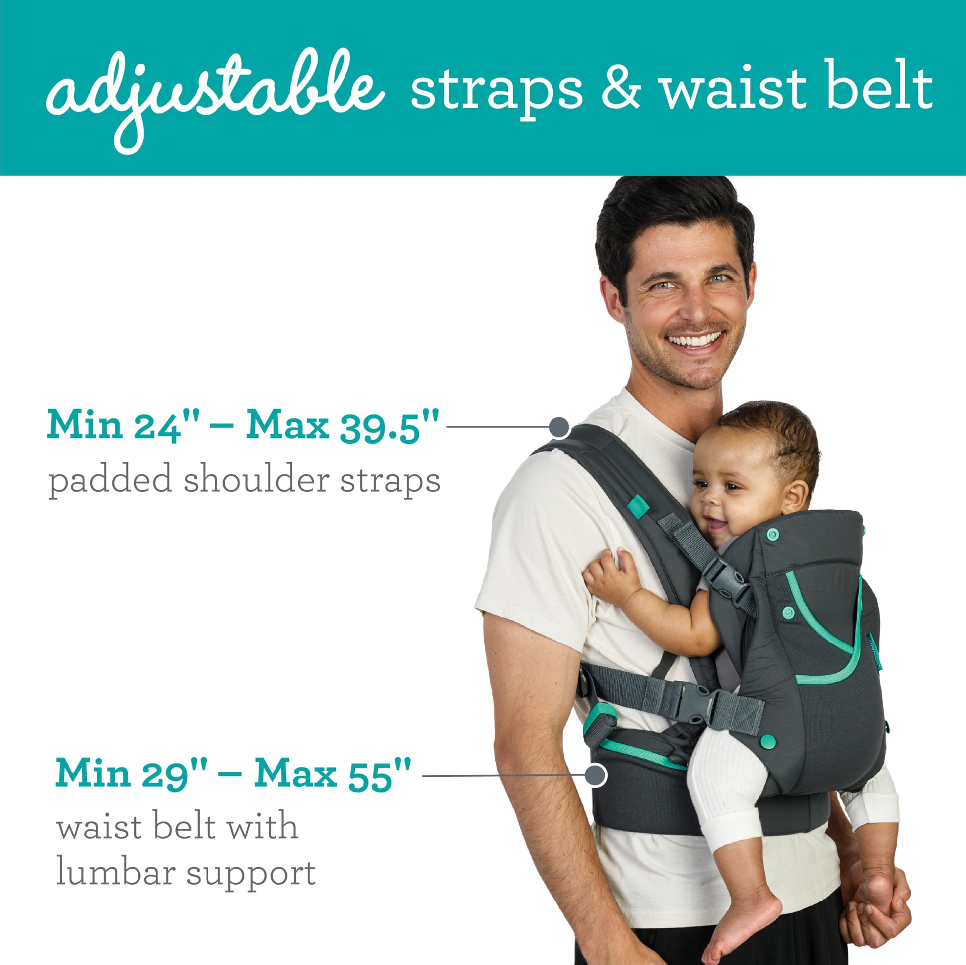 Infantino Carry On Active - Portabebés ergonómico con múltiples bolsillos para bebés y niños, 8-40 libras, con correas acolchadas, almacenamiento de cinturón lumbar y lazo para chupete
