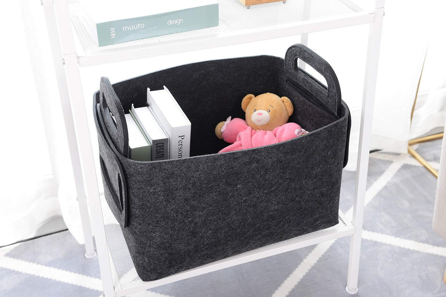 Cesta de almacenamiento de fieltro plegable y conveniente organizador con asas de transporte para oficina, recámara, clóset, bebé, juguetes de guardería, lavandería (gris oscuro, 18 pulgadas de largo