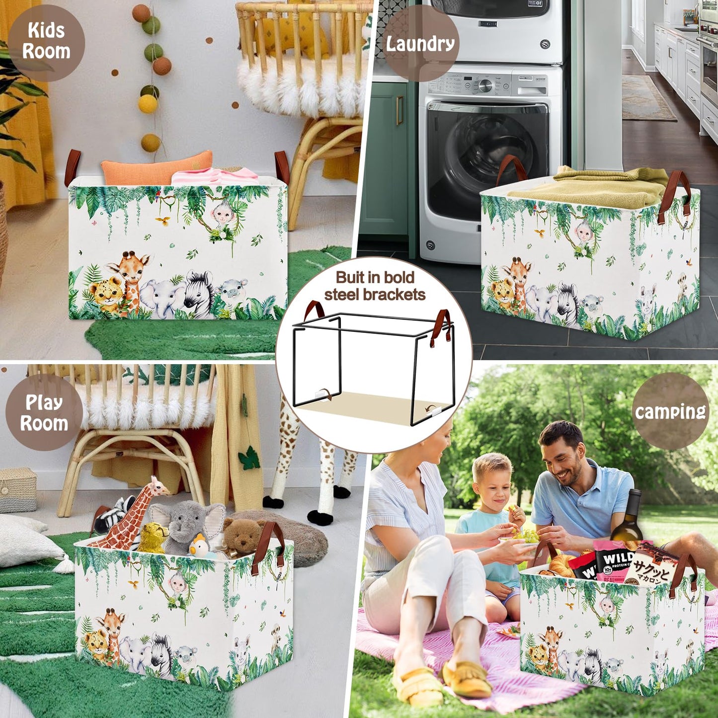 Cesta para decoración de guardería de la selva, cesta de regalo de animales del bosque, safari, jirafa, león, elefante, cesta de almacenamiento para niños, plegable, organizador de juguetes, cubeta