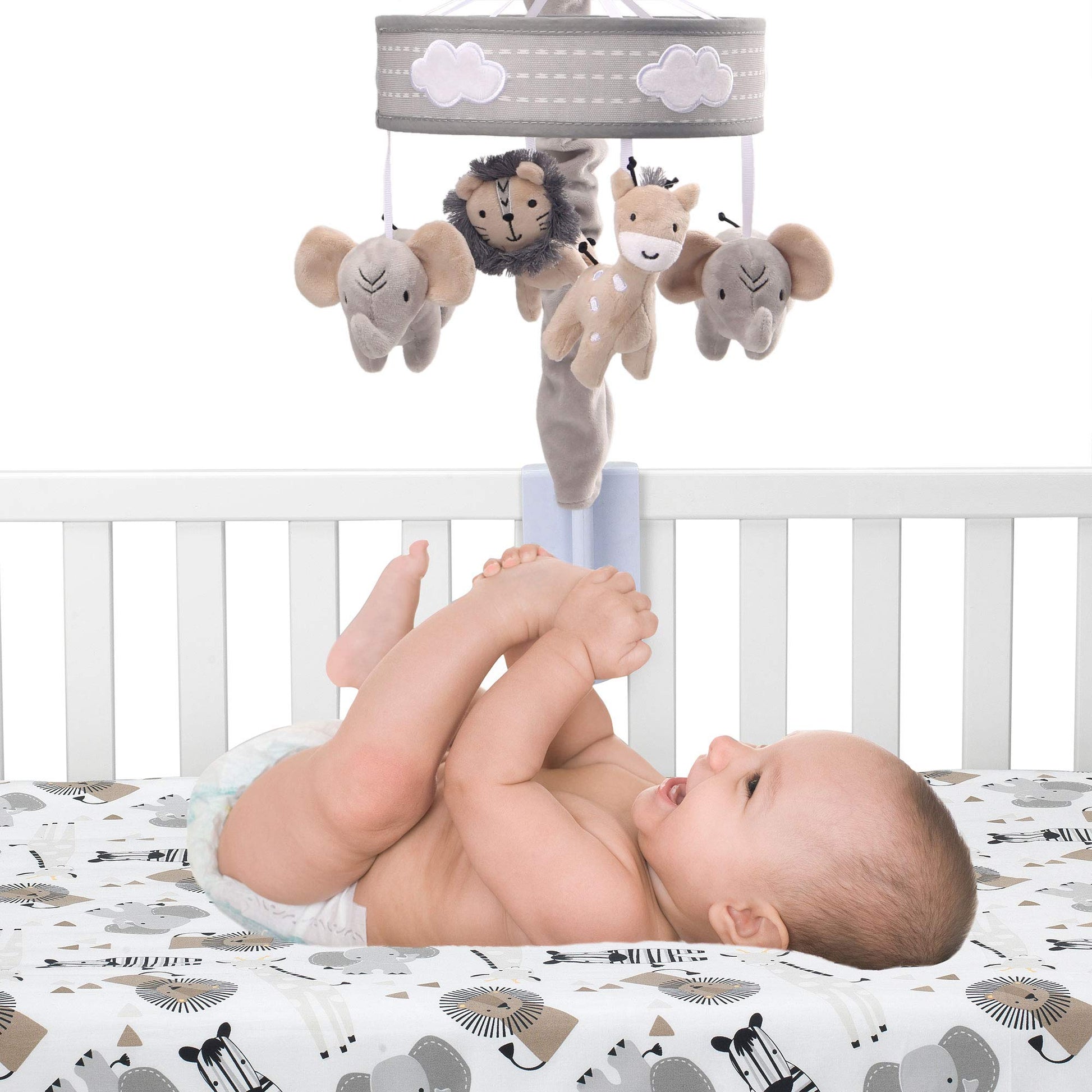 Lambs & Ivy Jungle Safari Musical Baby Crib Mobile - Grey, Beige, White, Animals