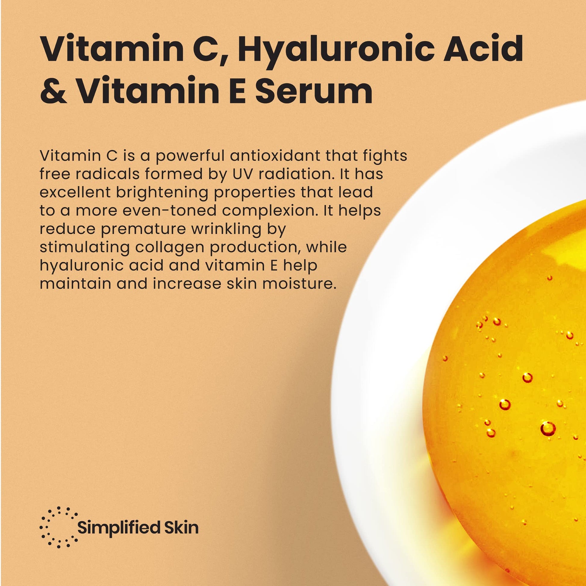 Sérum de vitamina C 20% para cara y ojos (2 onzas), tratamiento antienvejecimiento, arrugas, acné y manchas oscuras con ácido hialurónico y suero facial antioxidante de Simplified Skin