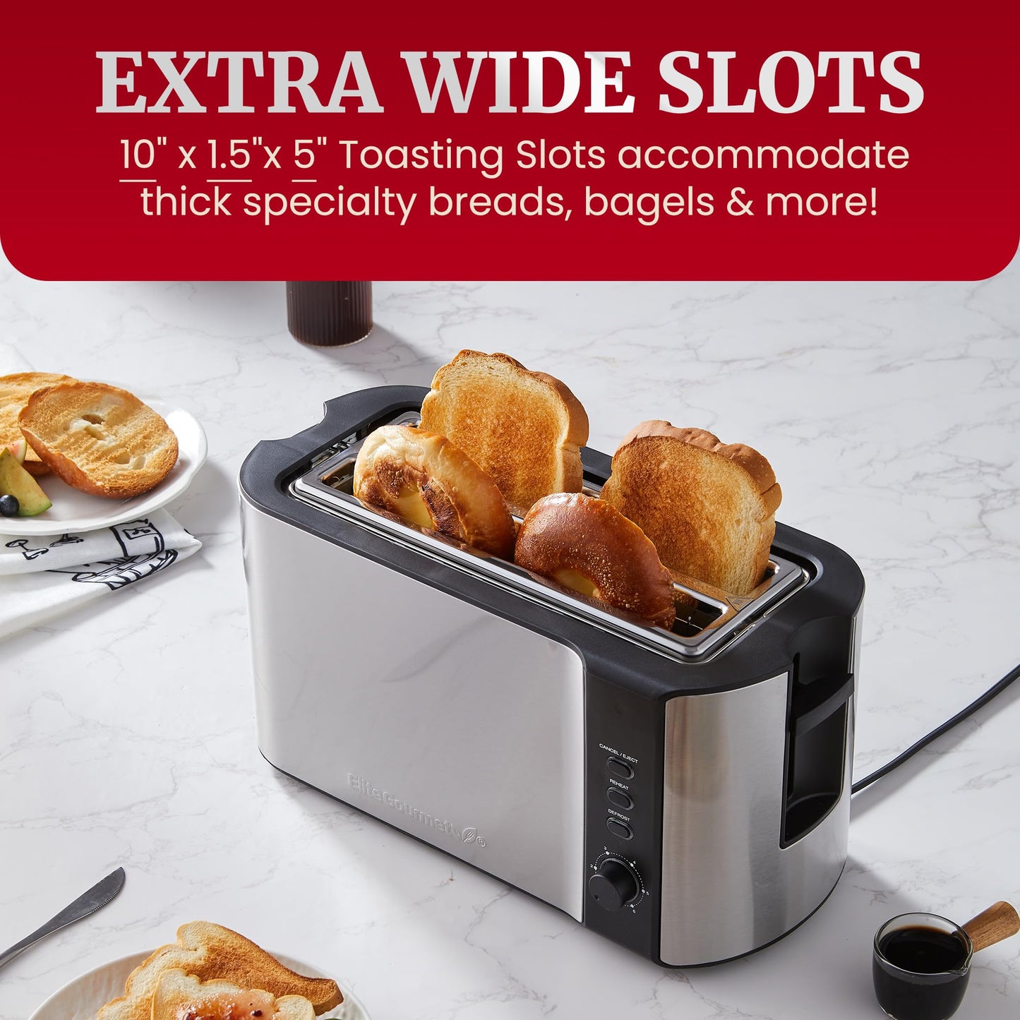 Elite Gourmet - Tostadora Ect-3100 Con Ranura Larga, Recalentadora, 6 Ajustes De Tostadas