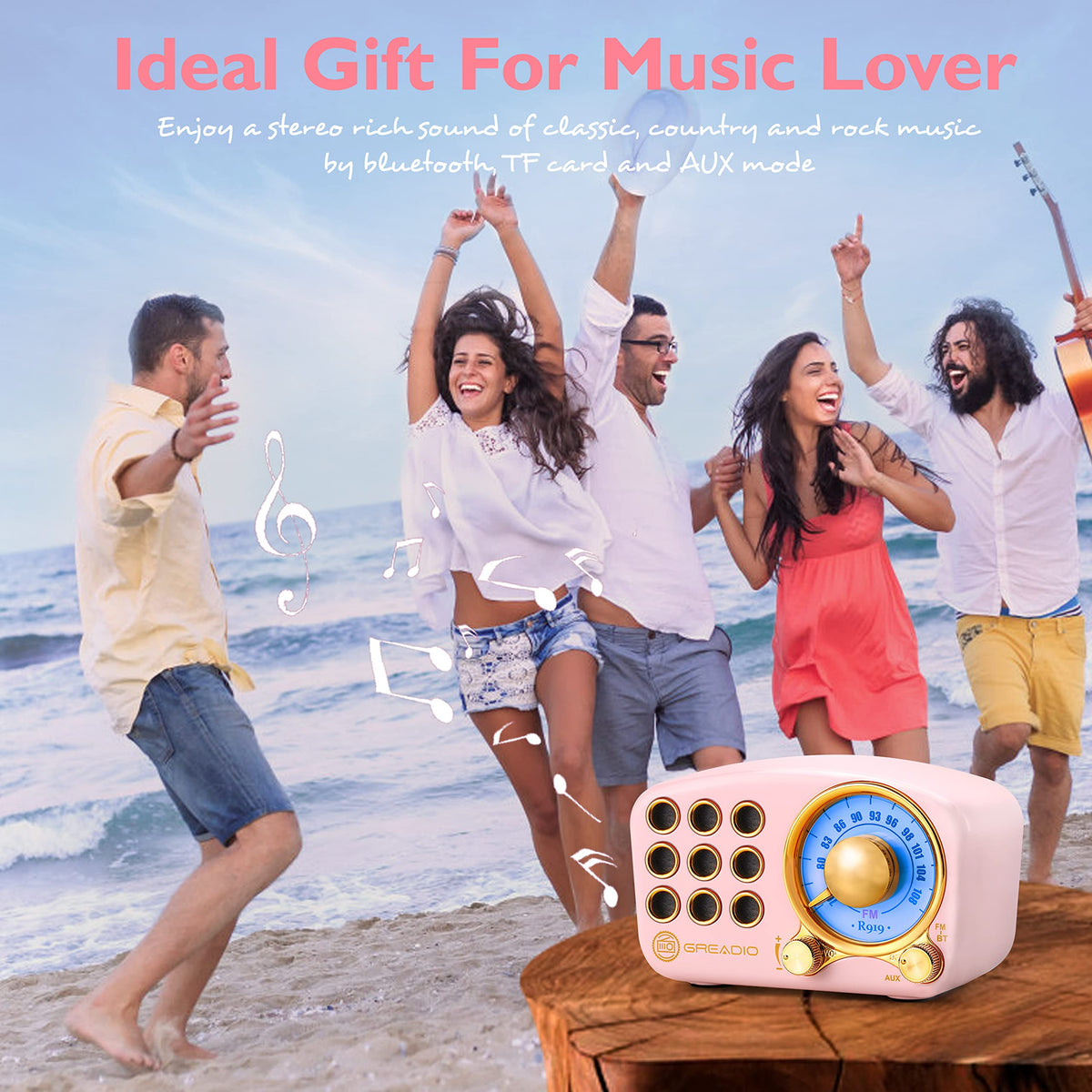 Altavoz Bluetooth Retro Greadio Rosa con Radio FM y Mejora de Graves