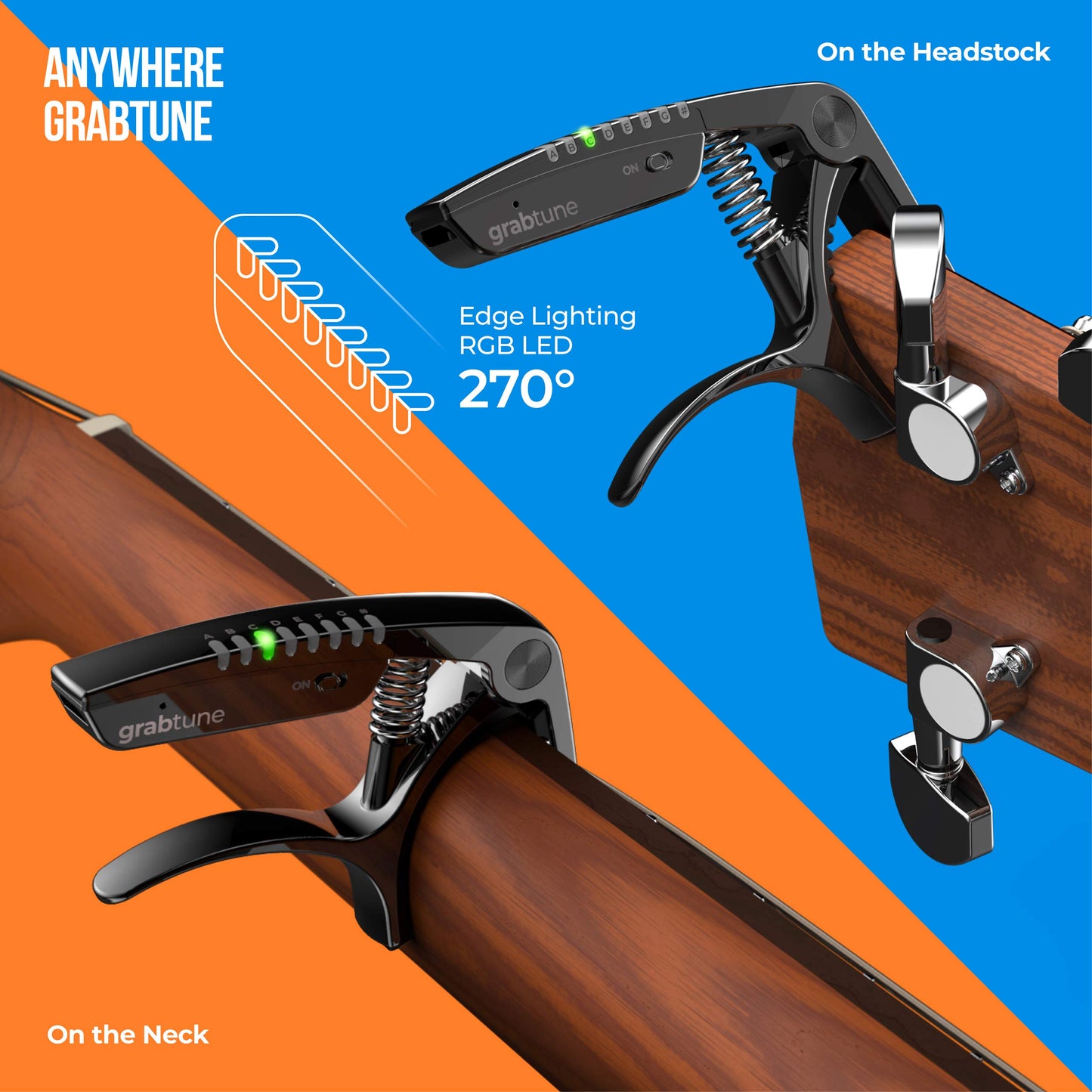 JOWOOM Grabtune - Afinador de guitarra acústica | Equipo 2 en 1 | Sistema de afinación preciso y preciso | visualización de iluminación LED a todo color | Batería recargable USB | chapado en cromo