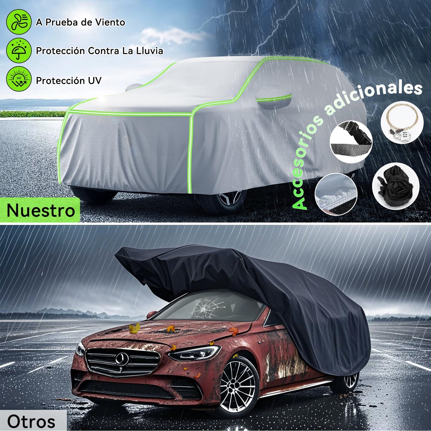 AUTODIAG Cubierta para Auto SUV,520x200x180CM Funda Impermeable con Forro ALGODÓN,Cremallera y Cintas Reflectante,Anti-UV,Anti-Nieve,Antiarañazos,Ideal para Exteriores(Plata)