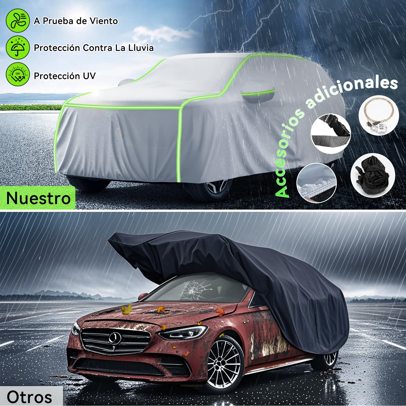 AUTODIAG Cubierta para Auto SUV,520x200x180CM Funda Impermeable con Forro ALGODÓN,Cremallera y Cintas Reflectante,Anti-UV,Anti-Nieve,Antiarañazos,Ideal para Exteriores(Plata)
