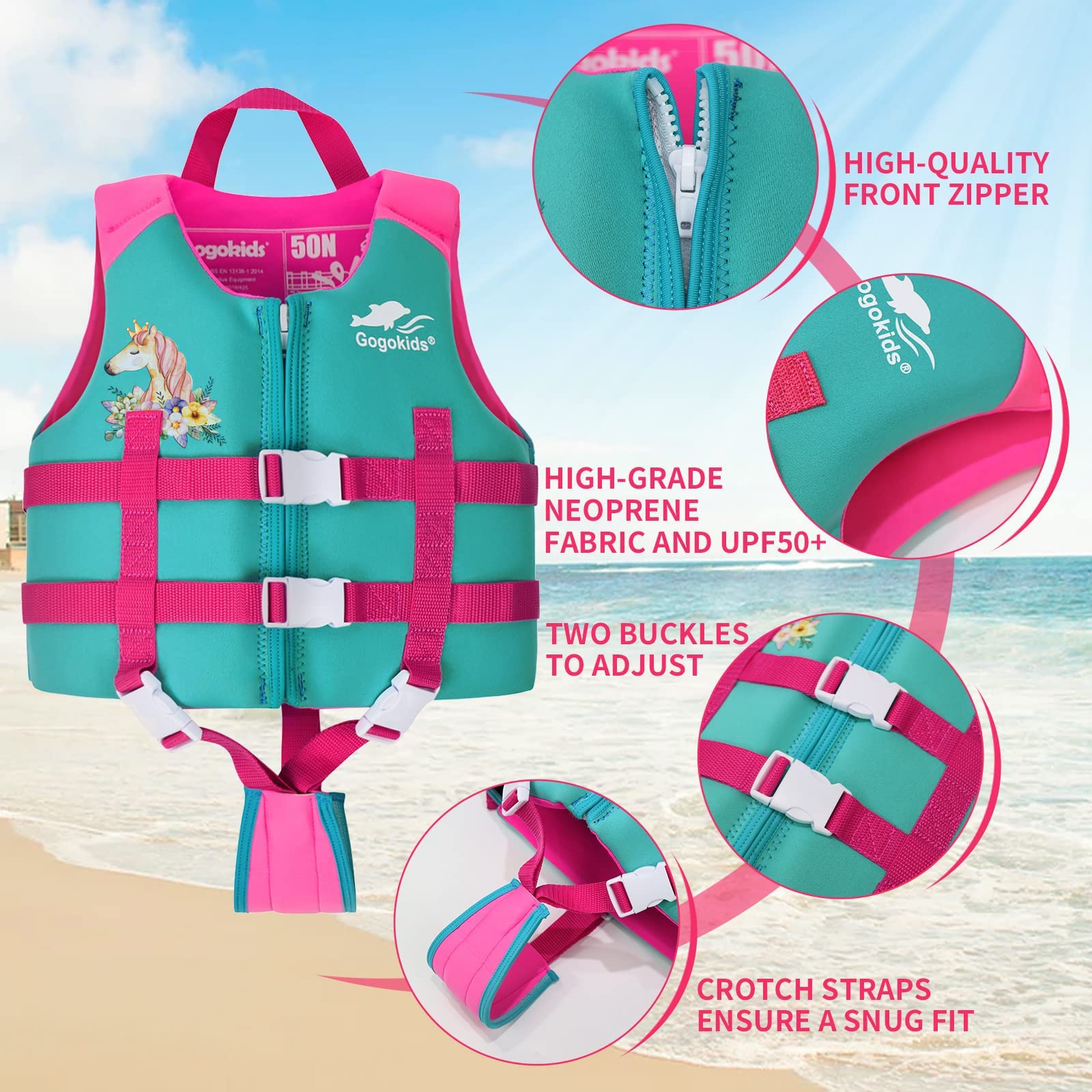Gogokids - Chaleco de natación para niños pequeños, chamarra flotante para niñas y niños de 20-30-40-50 libras, flotadores de natación con correa de seguridad ajustable Duel, para niños de 2-9 años