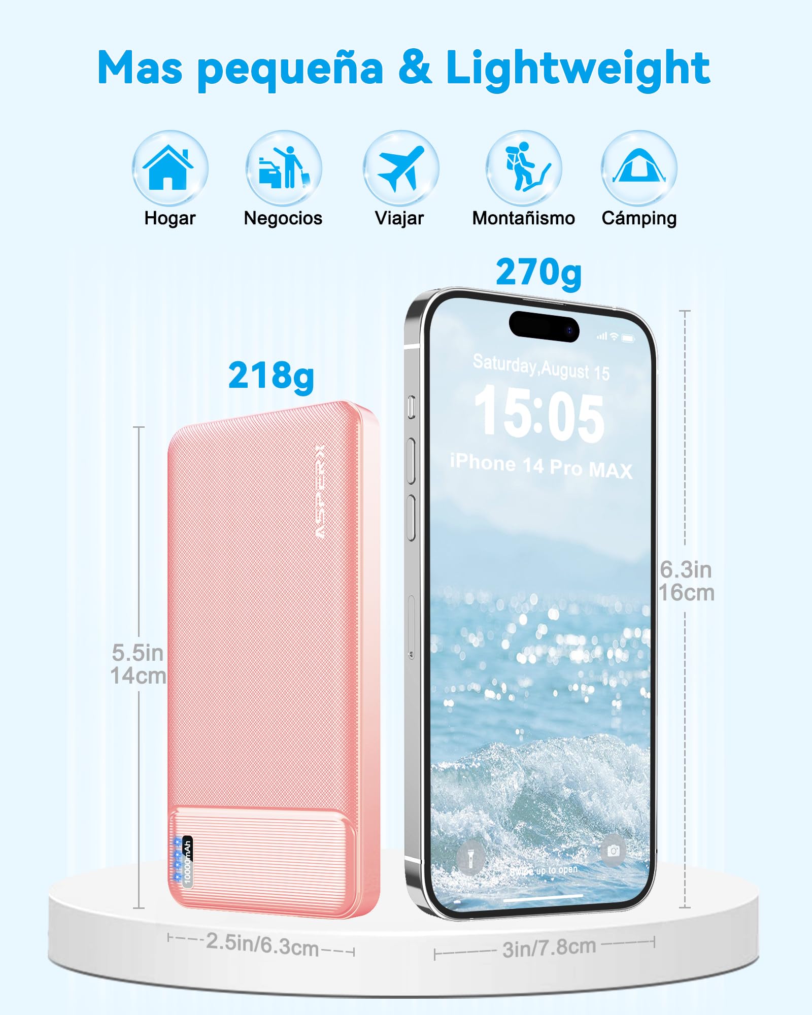 Batería Portátil AsperX 10000mAh USB Carga Rápida Pila Recargable para iPhone y Google