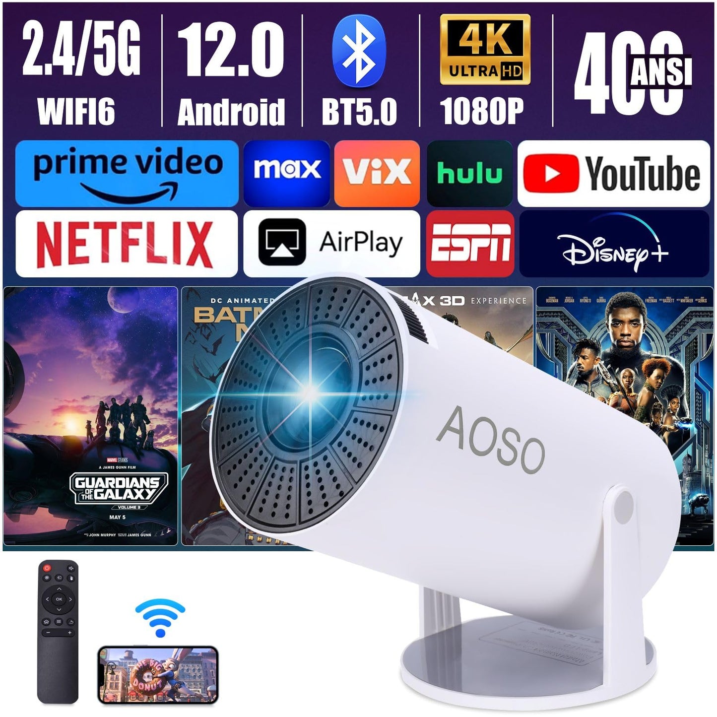 Mini Proyector AOSO Blanco con WiFi 6 y Bluetooth 5.0 para Cine Exterior
