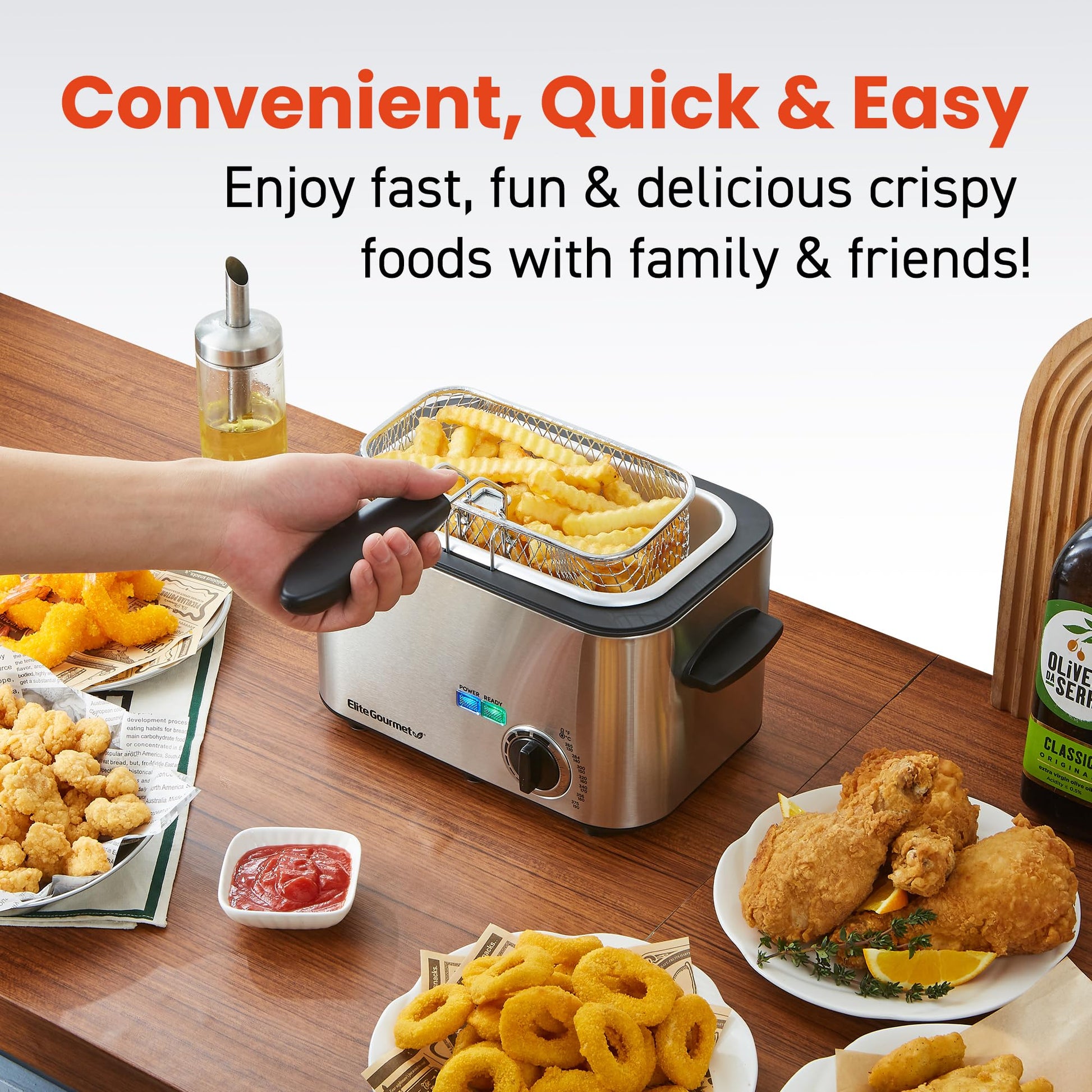 Elite Gourmet EDF1116 Eléctrico 1.2 Qt. / Freidora de aceite de 4.8 tazas, temperatura ajustable, cesta extraíble, tapa con perilla de tacto frío, acero inoxidable