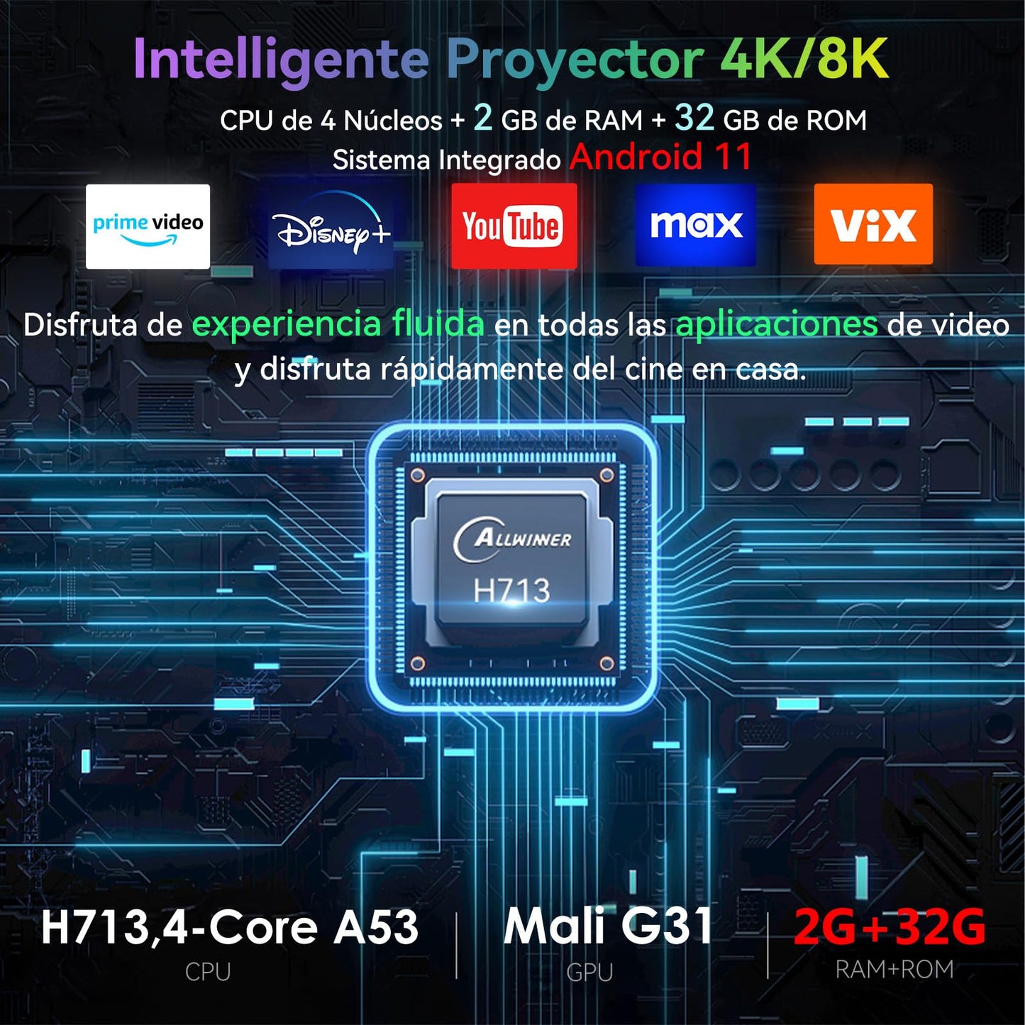 Mini Proyector Portátil 4K Android 11.0 Blanco Enfoque y Corrección Automática Para Cine en Casa