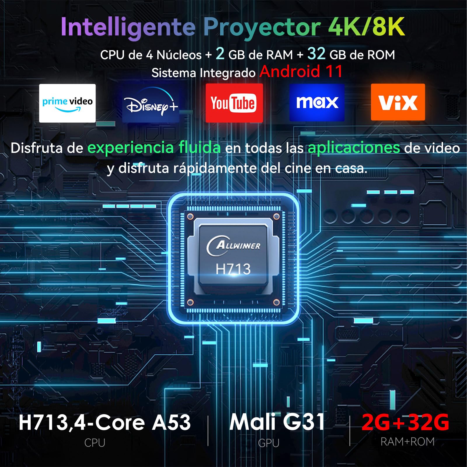 Mini Proyector Portátil 4K Android 11.0 Blanco Enfoque y Corrección Automática Para Cine en Casa