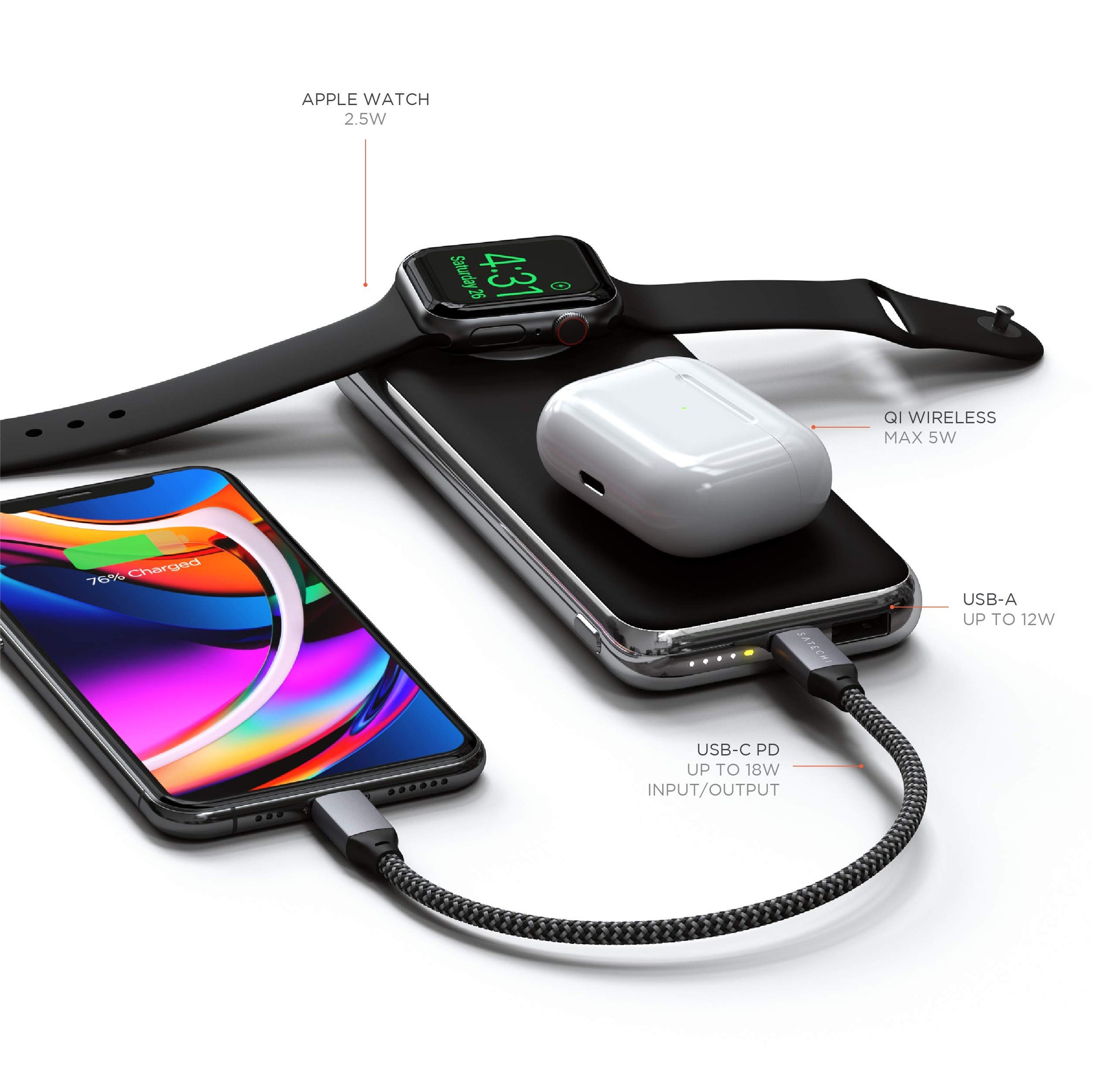 Power Bank Inalámbrico SATECHI Quatro 10000 mAh Cargador Portátil para iPhone y Apple Watch