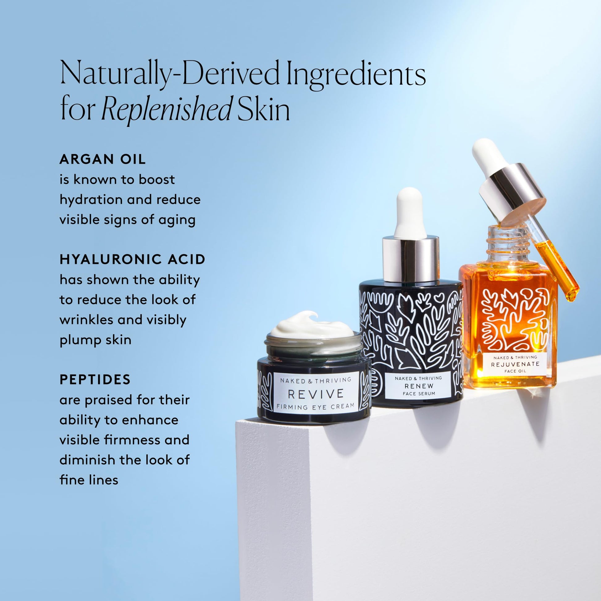 Naked & Thriving Rutina Restauradora Nocturna | Renew Night Serum (30 Ml) + Crema Para Ojos Revive (15 Ml) + Aceite Facial Rejuvenecedor (35 Ml) Con Péptidos, Escualano, Ácido Hialurónico Y Ah