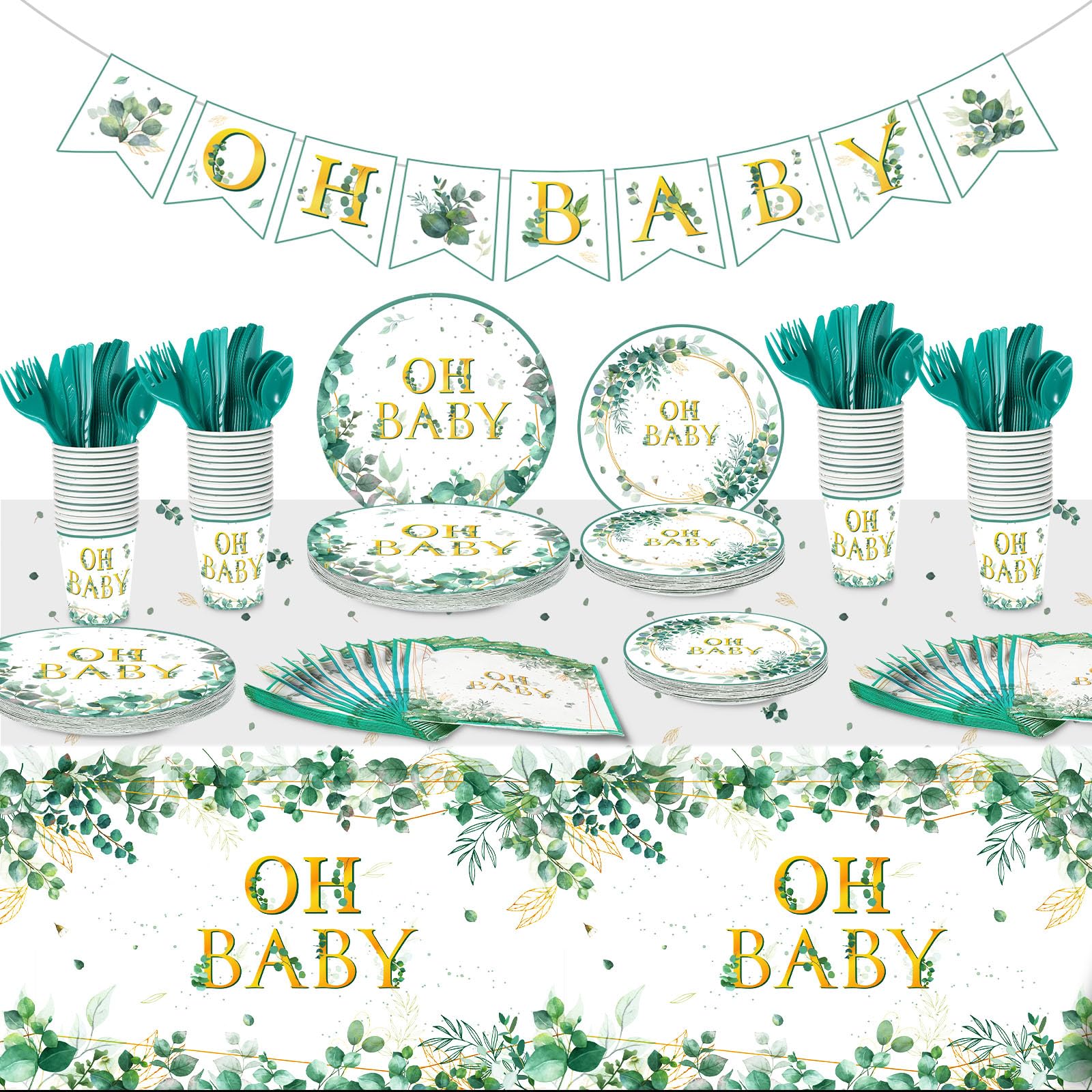 Juego de vajilla de 180 piezas de Sage Greenery Oh para fiesta de bebé, mantel de hoja de eucalipto, 24 platos de cena, plato de postre y servilletas para niño y niña, salvia, suministros de decoración de fiesta