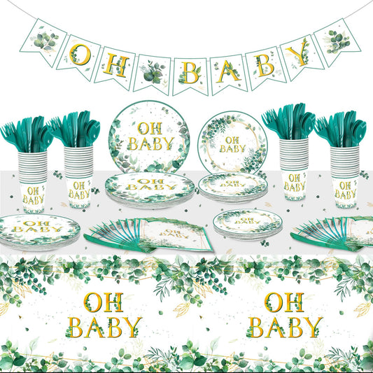 Juego de vajilla de 180 piezas de Sage Greenery Oh para fiesta de bebé, mantel de hoja de eucalipto, 24 platos de cena, plato de postre y servilletas para niño y niña, salvia, suministros de decoración de fiesta