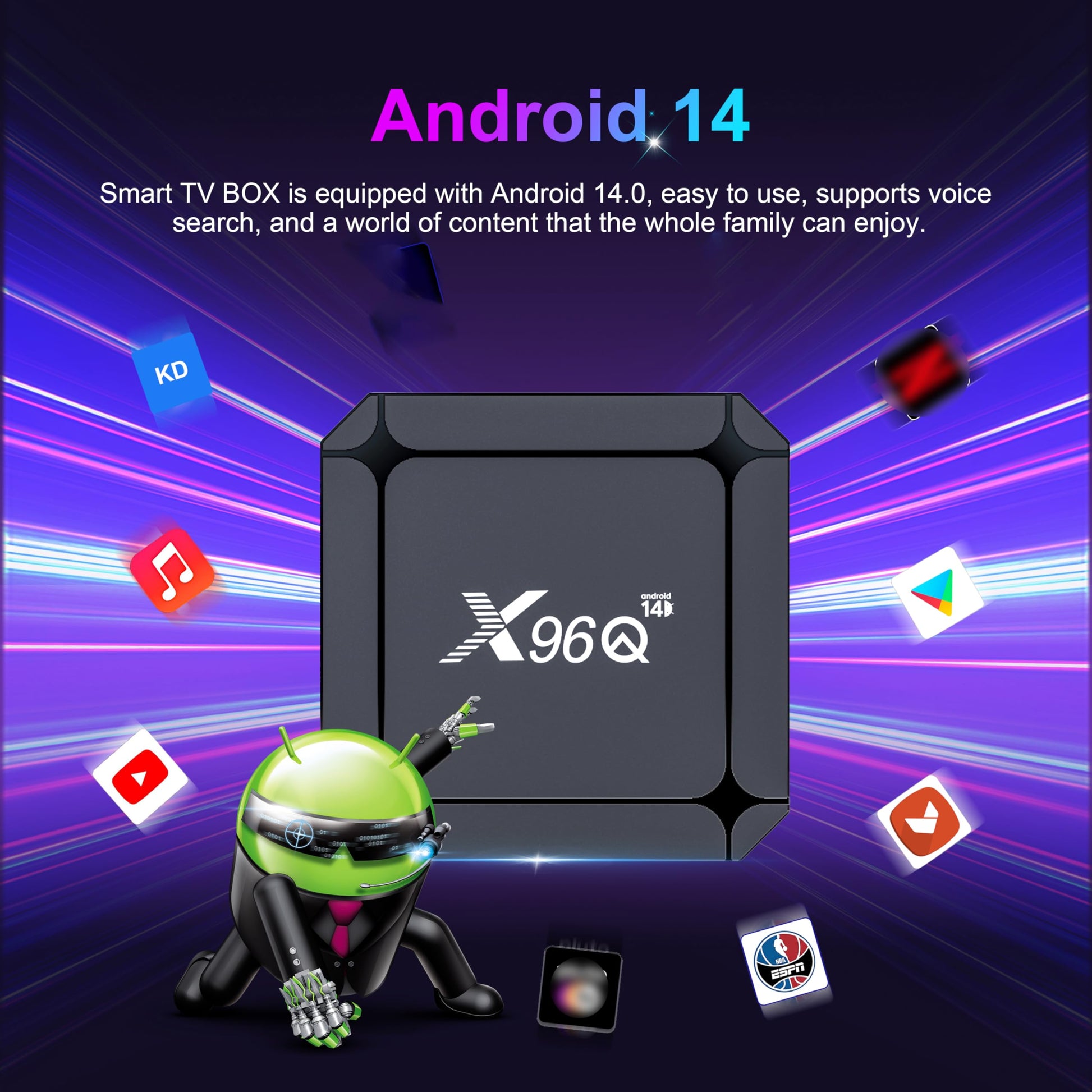 X96Q Android 14.0 ATV Box 16 GB Quad-Core WiFi6 2.4G/5.8Ghz BT5.0 4K AV1 USB 3.0 Ultra HD Control de voz Reproductor de hogar inteligente