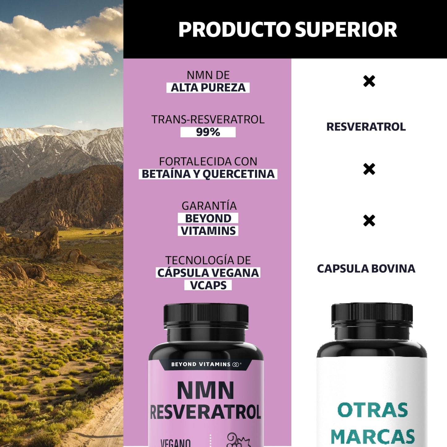 Cápsulas Veganas Beyond Vitamins NMN y Resveratrol Premium Blend 99% para Producción de NAD+ 60 vcaps