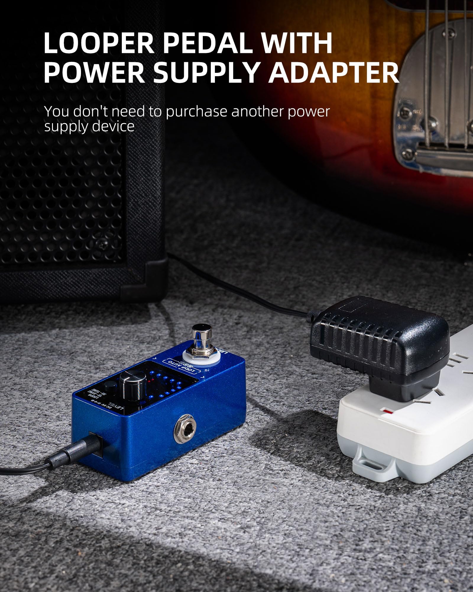 LEKATO - Pedal para guitarra con adaptador de fuente de alimentación de pedal de bucle de 9 V 0.6 A, pedal de bucle de efecto con función SYNC y sintonizador para guitarra eléctrica, 3 bucles, 18