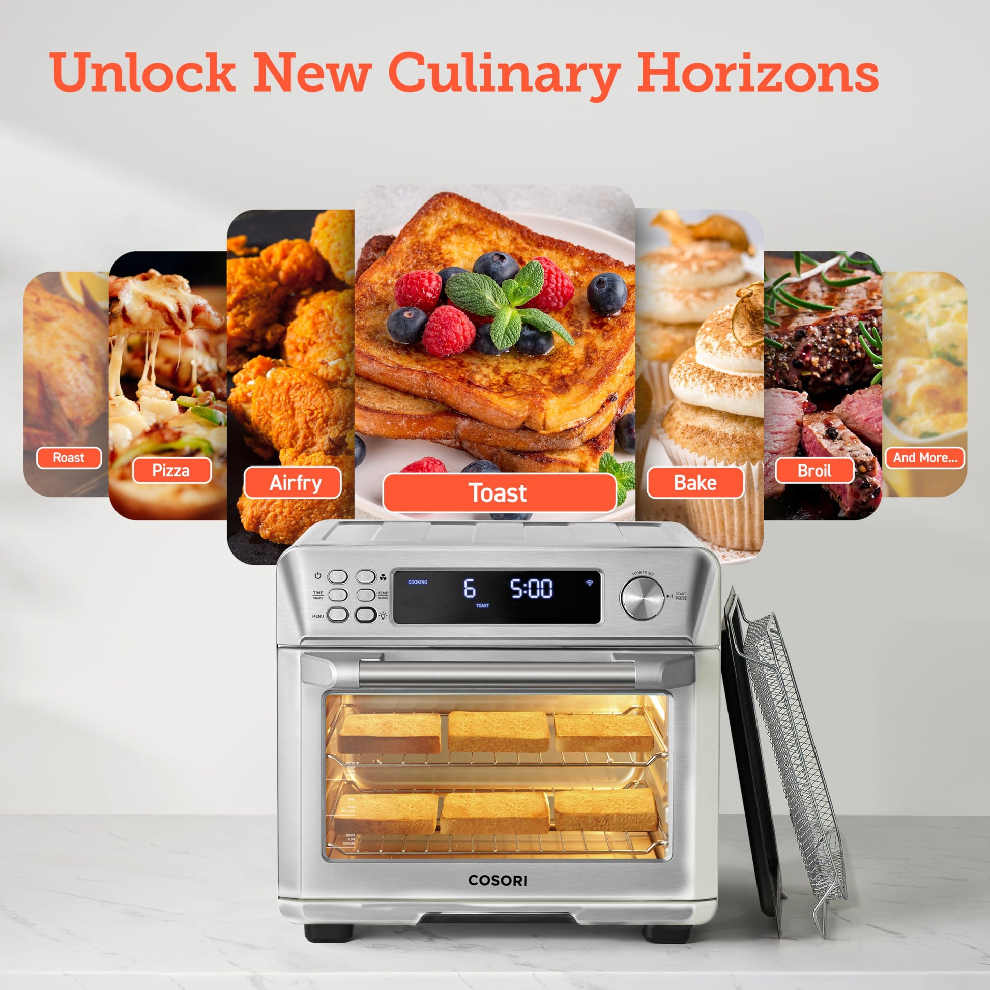 COSORI Smart 12 en 1 Freidora de aire Horno tostador, encimera de horno de convección Airfryer, hornear, asar, recalentar, pollos de engorde, deshidratar, 75 recetas y 3 accesorios, 26 cuartos de