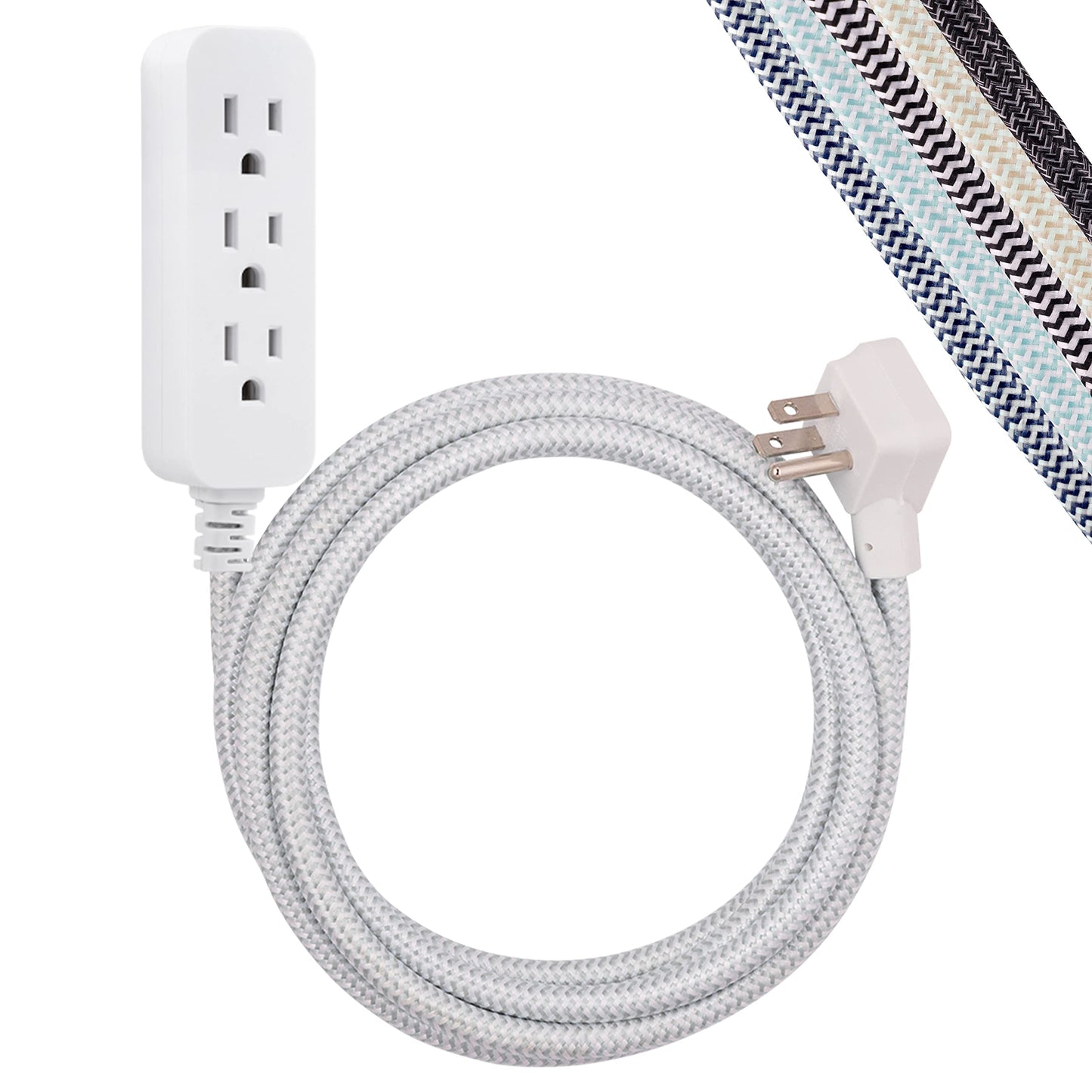 Cordinate Designer 37914 Cable de extensión de 3 Salidas con protección contra sobretensiones, Gris, Cable de Tela Decorativa Trenzada, 10 pies
