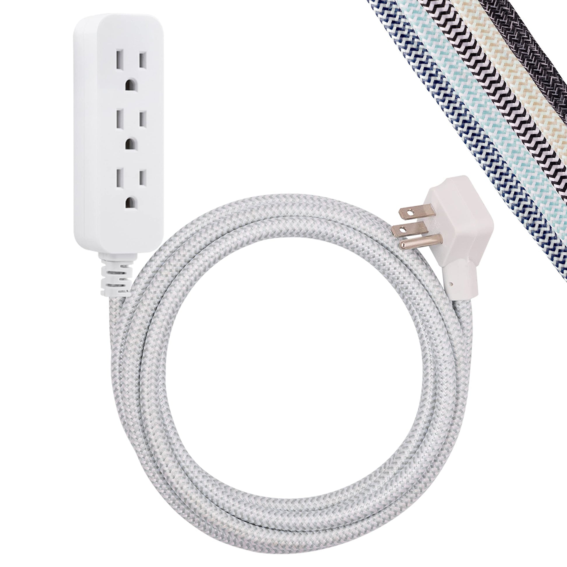 Cordinate Designer 37914 Cable de extensión de 3 Salidas con protección contra sobretensiones, Gris, Cable de Tela Decorativa Trenzada, 10 pies