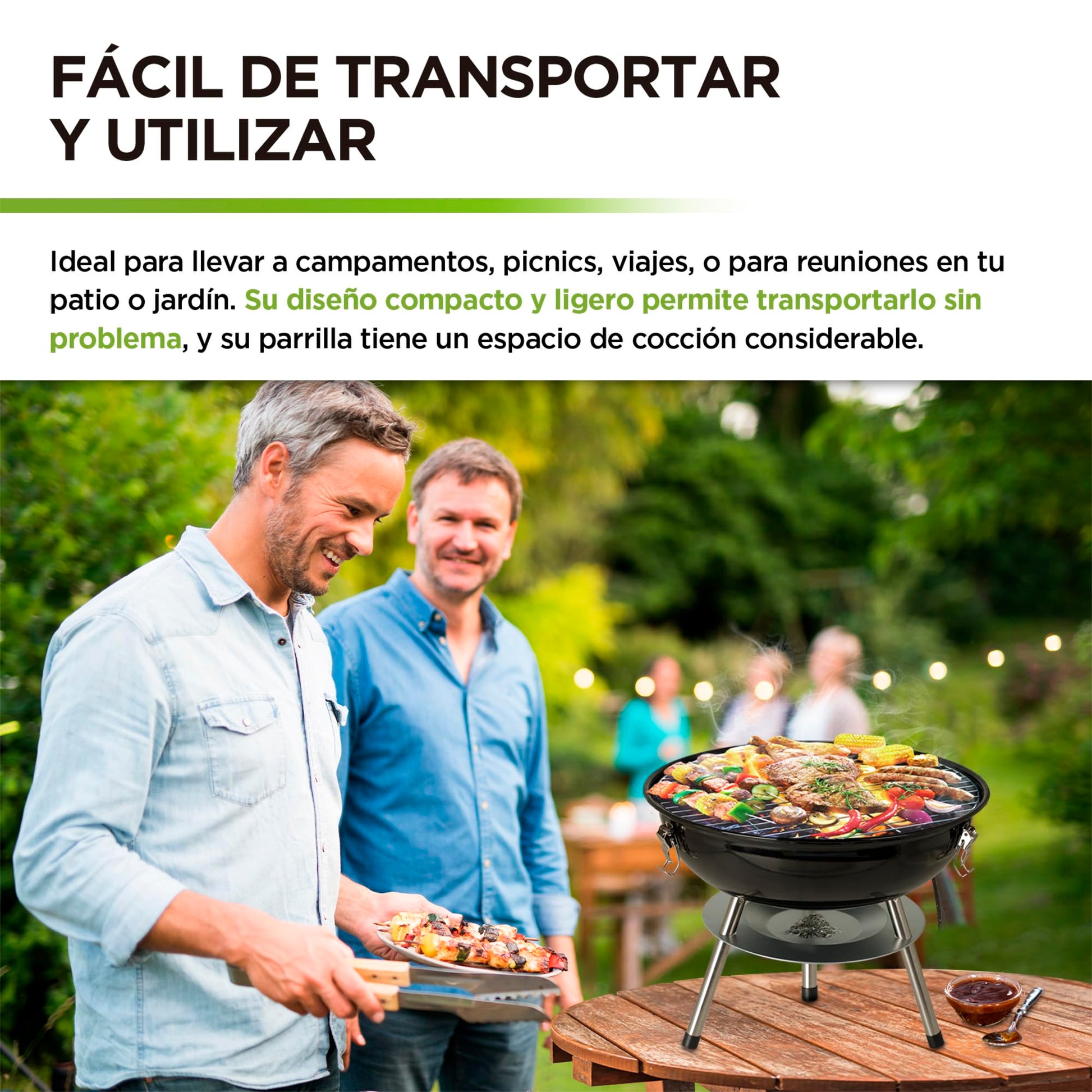 HIKEO Asador de Carbón Portátil 36 cm de Diámetro con Tapa, Parrilla para Carne Asada para Jardín, Camping, Picnic, Patio, Parrillada o Playa, Mini Grill de Acero para Exteriores, Fácil de Limpiar