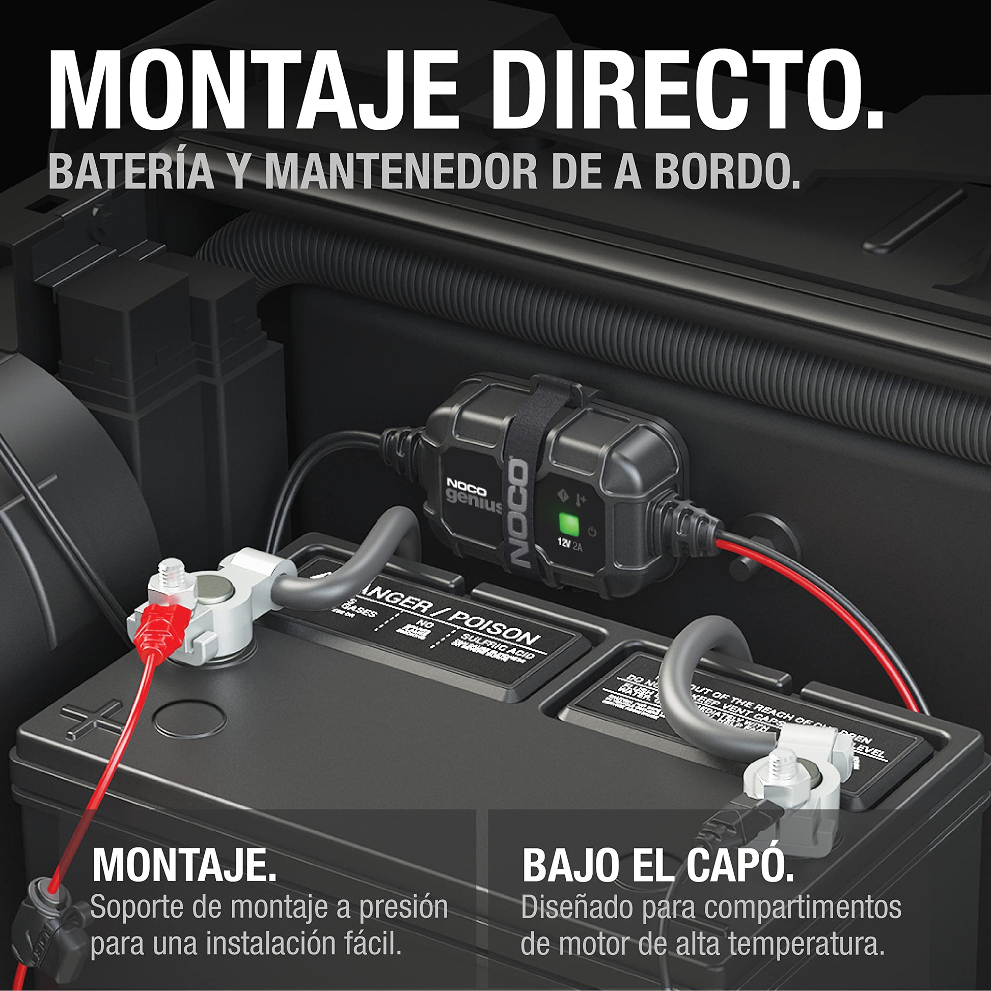 NOCO GENIUS2D: Cargador Inteligente 12V 2A – Mantenedor automático, Cargador Lento y desulfatador de Montaje Directo con protección contra sobrecarga y compensación térmica – para batería de Plomo