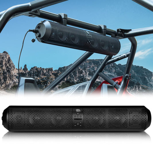 Barra de sonido Kemimoto UTV de 28 pulgadas, 2X altavoz de agudos y 4X subwoofer compatible con Bluetooth barra de sonido compatible con Polaris RZR Can-Am X3 Defender CFMOTO para jaula de 1.5 a 2.25