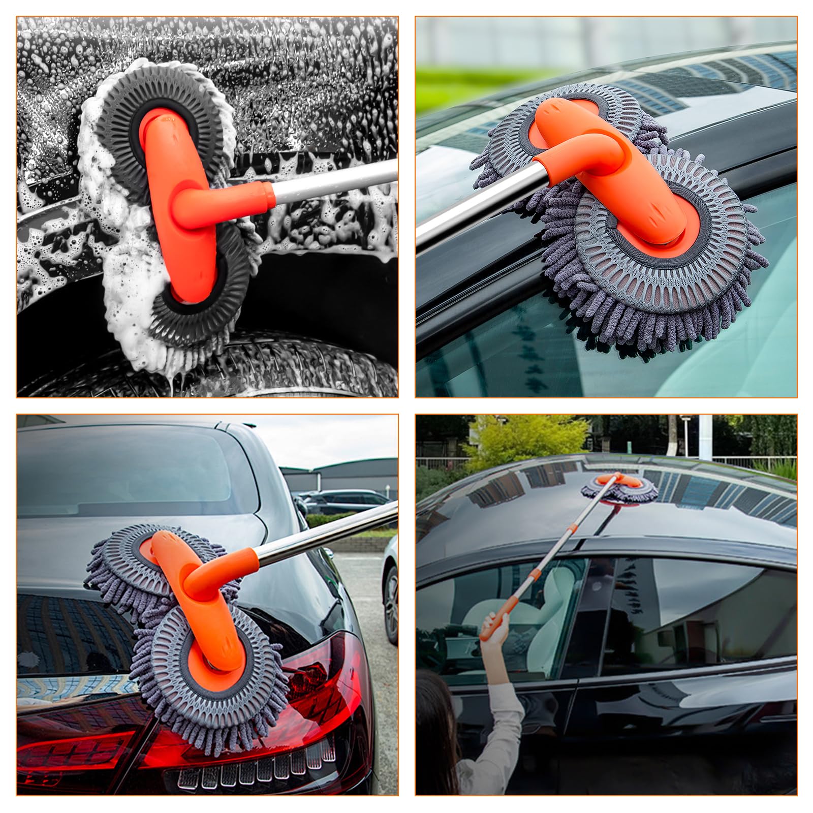 BYHANG Cepillo para Lavar Carros con Mango Largo, Juego de Cepillos para Limpieza de Coches, con 360° Cepillo Giratorio de Doble Cabezal, para Limpiar Coches, Neumáticos (Color Naranja)